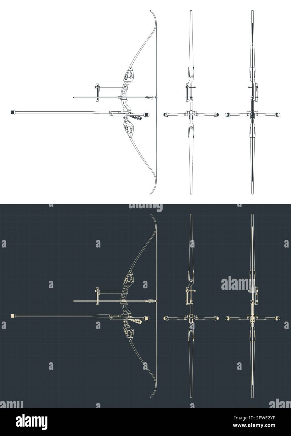 Stylized vector illustration of blueprints of target recurve bow kit Stock Vector