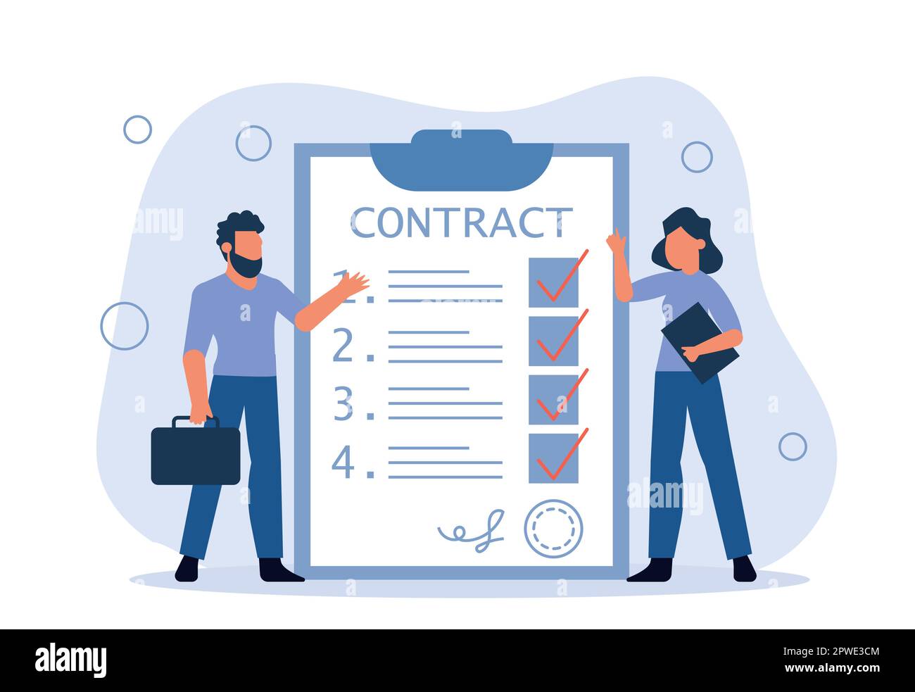 A contractual agreement between an employee and an employer. A man arranges a job and signs a contract. A job or a deal between people. Vector illustr Stock Vector