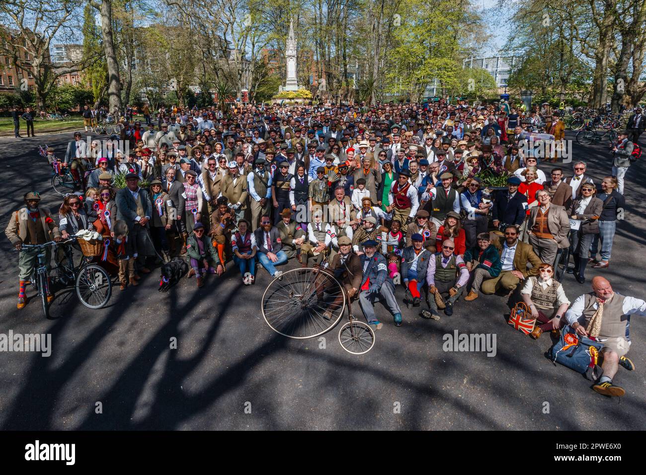 A group photograph for the participants of the Tweed Run 2023 event in London. Stock Photo