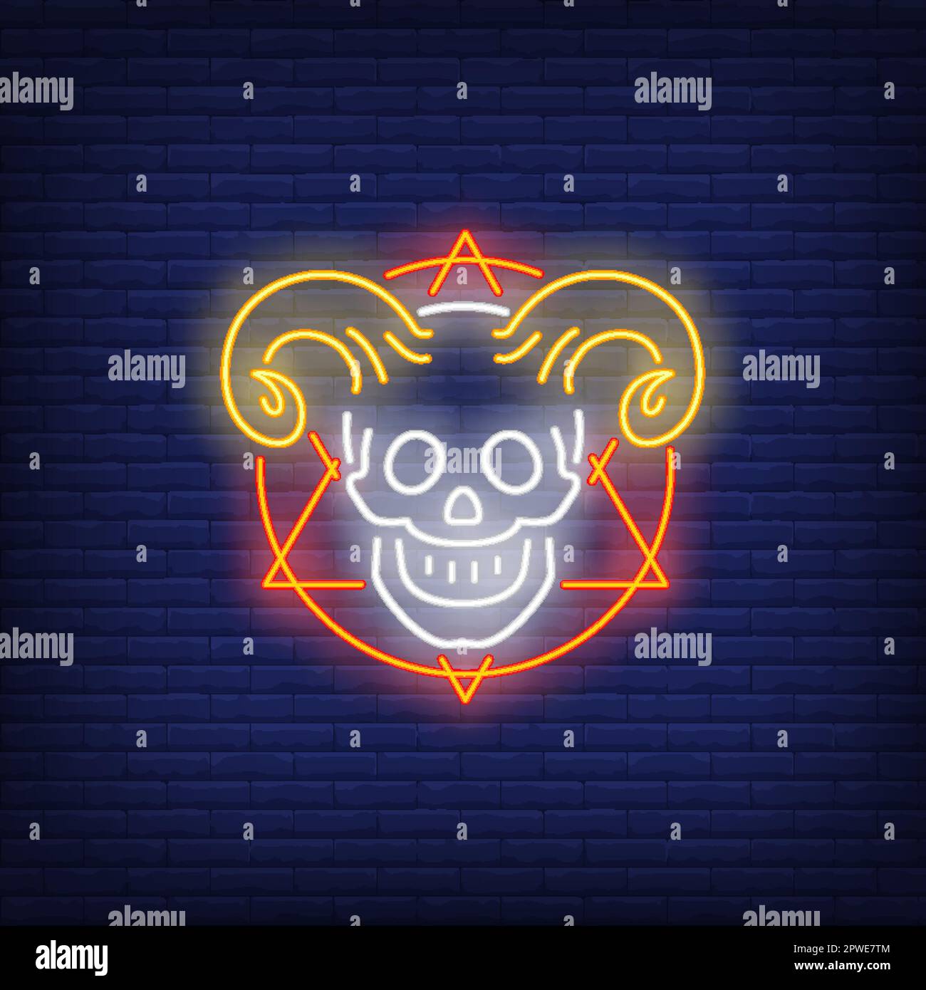 Skull with horns and hexagram neon sign Stock Vector