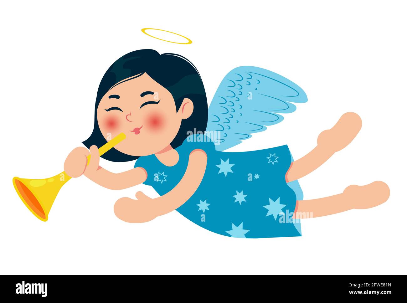 Cute little Christmas angel with trumpet. Asian baby girl. Cartoon character. Vector illustration. Stock Vector