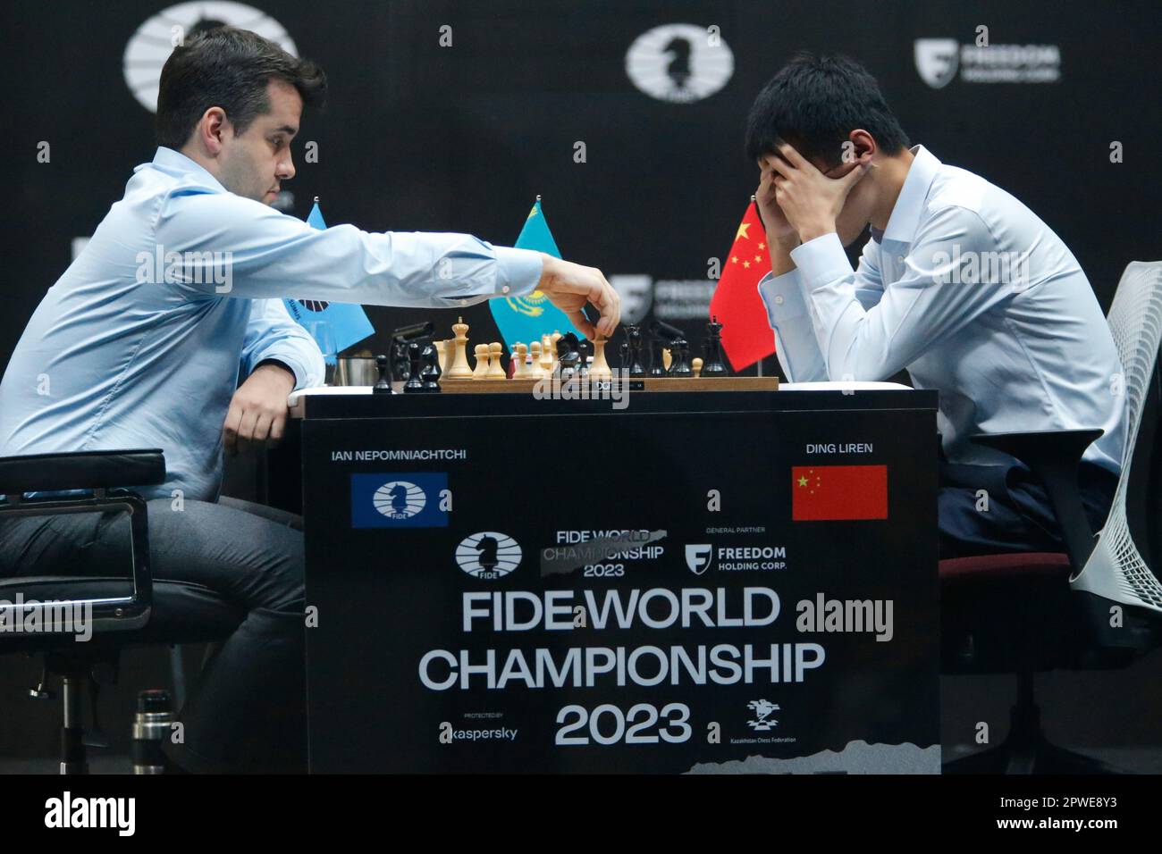 China's Ding Liren plays against Russia's Ian Nepomniachtchi during their FIDE  World Chess Championship in Astana, Kazakhstan, Saturday, April 29, 2023.  Ian Nepomniachtchi and Ding Liren are facing off in the final