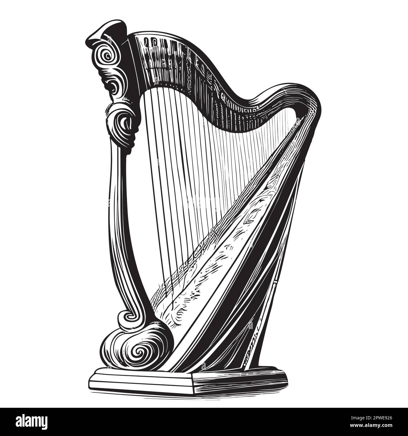 Harp vintage hand drawn sketch Vector illustration Musical Stock Vector