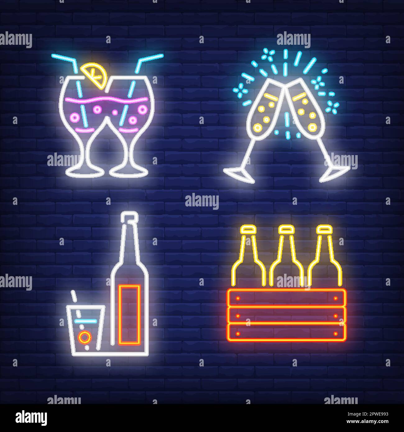 Clinking champagne flutes, martini, beer bottles neon signs set Stock Vector Image & Art Alamy