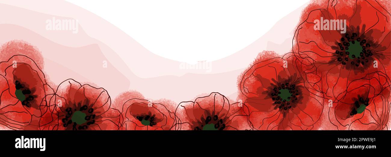 Banner with poppy flowers on a light background. Hand drawn poppy flowers. Symbol of the day of remembrance. Poster for the day of remembrance and Stock Vector