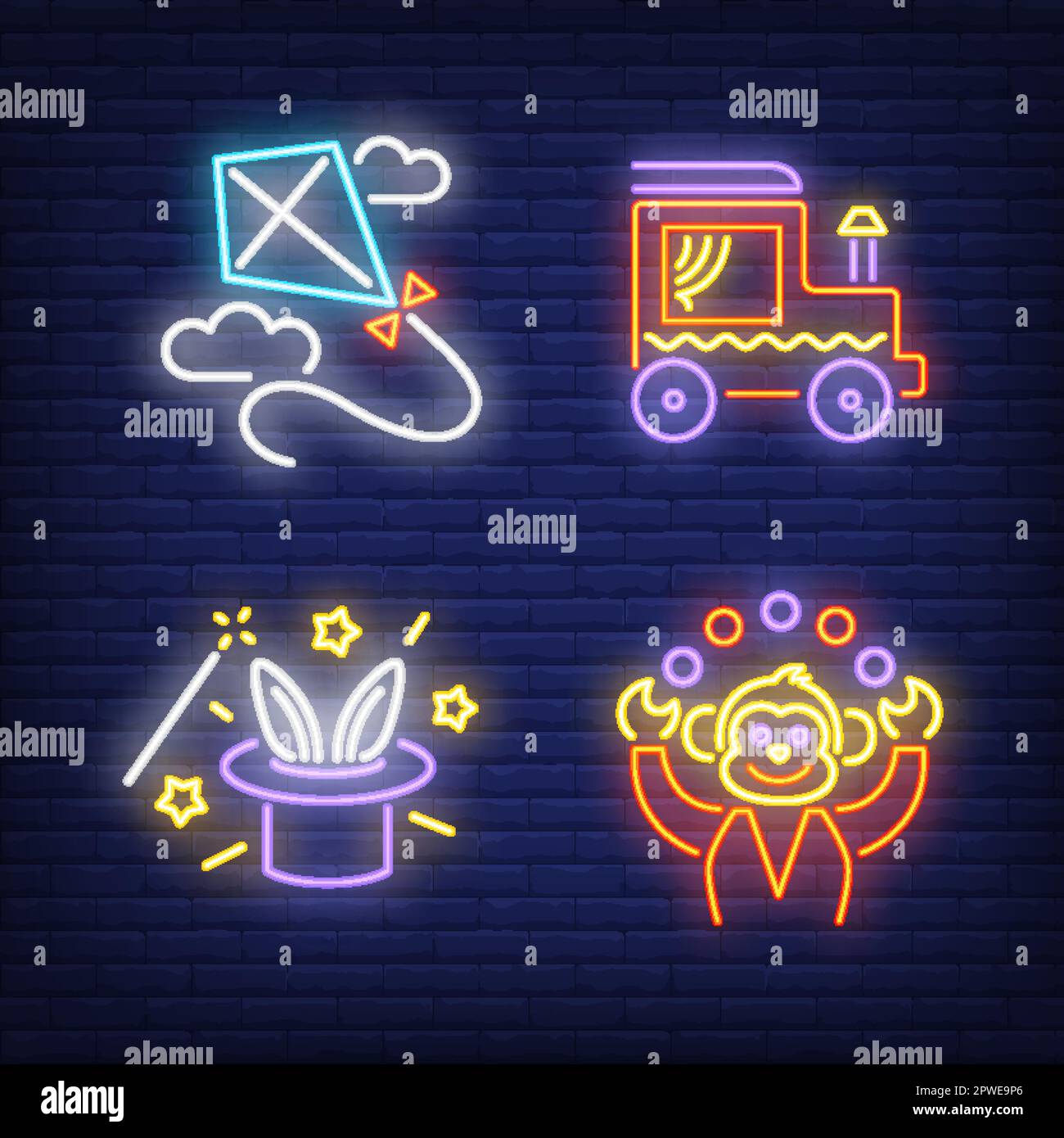 Monkey juggling, kite, rabbit in top hat neon signs set Stock Vector Image & Art Alamy