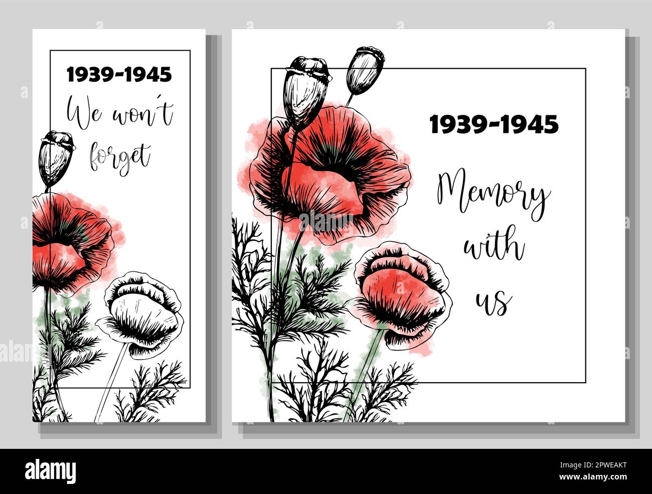 Remembrance day banner set. Poster about World War II 1939-1945. Red poppies are a symbol of memory and sorrow Stock Vector