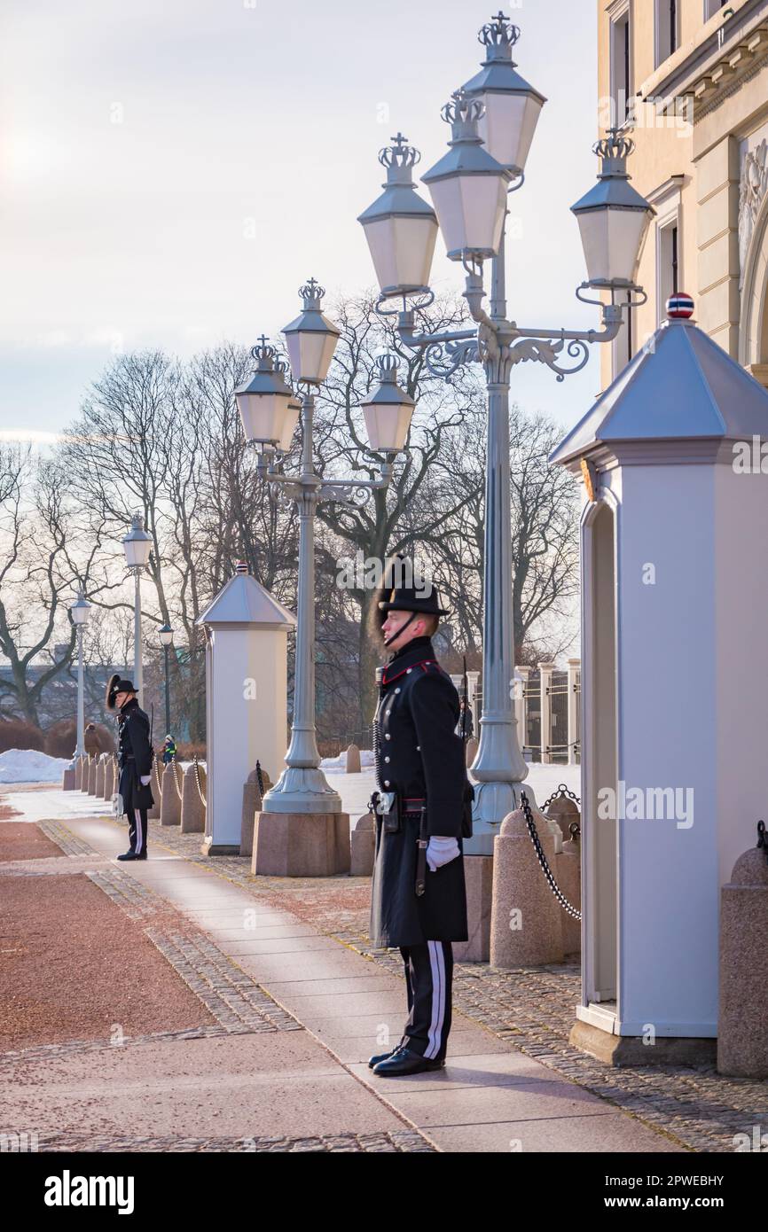 Soldier guard standing in front of the royal palace in Oslo, Norway Stock Photo