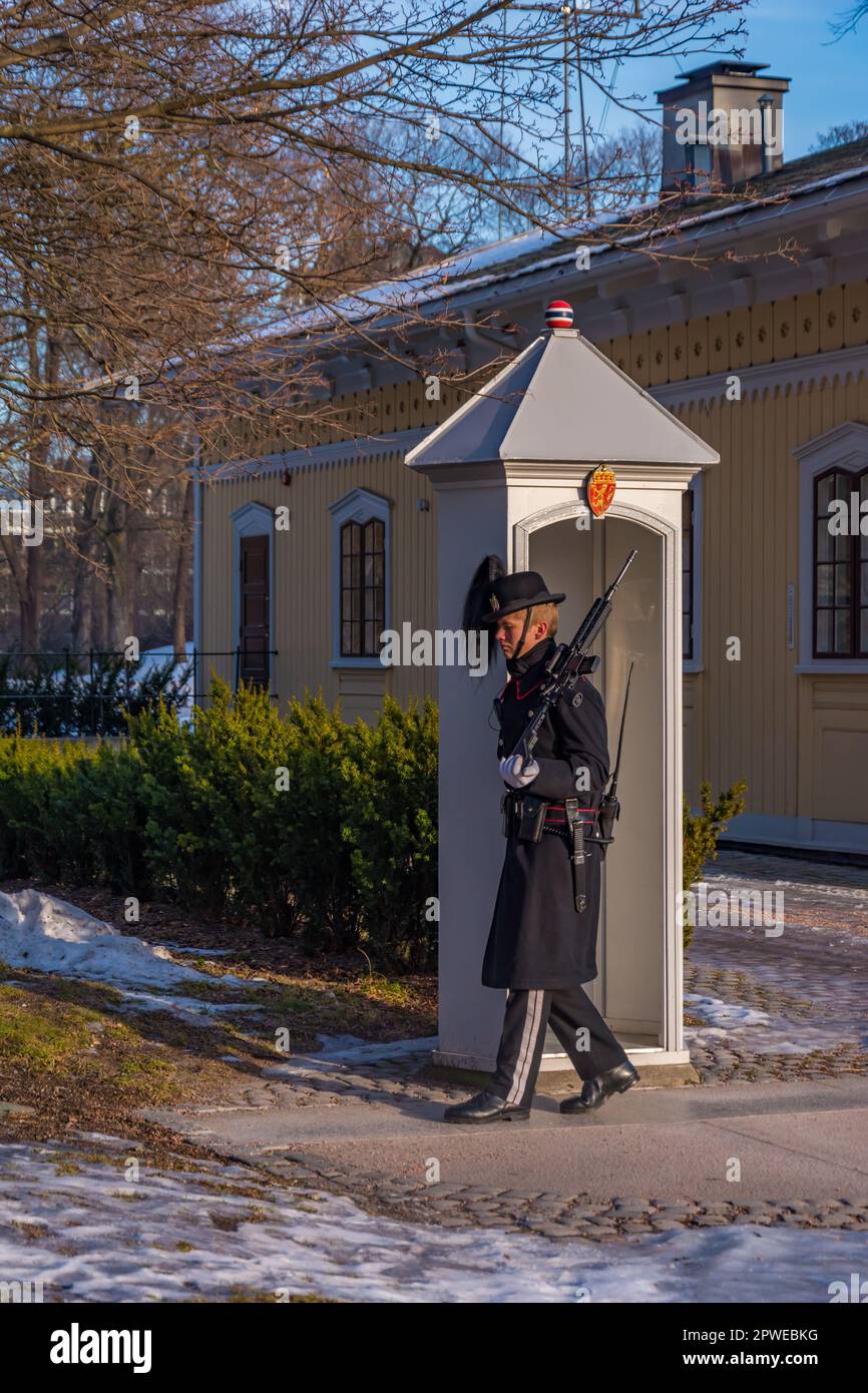 Soldier guard walking in front of the royal palace in Oslo, Norway Stock Photo