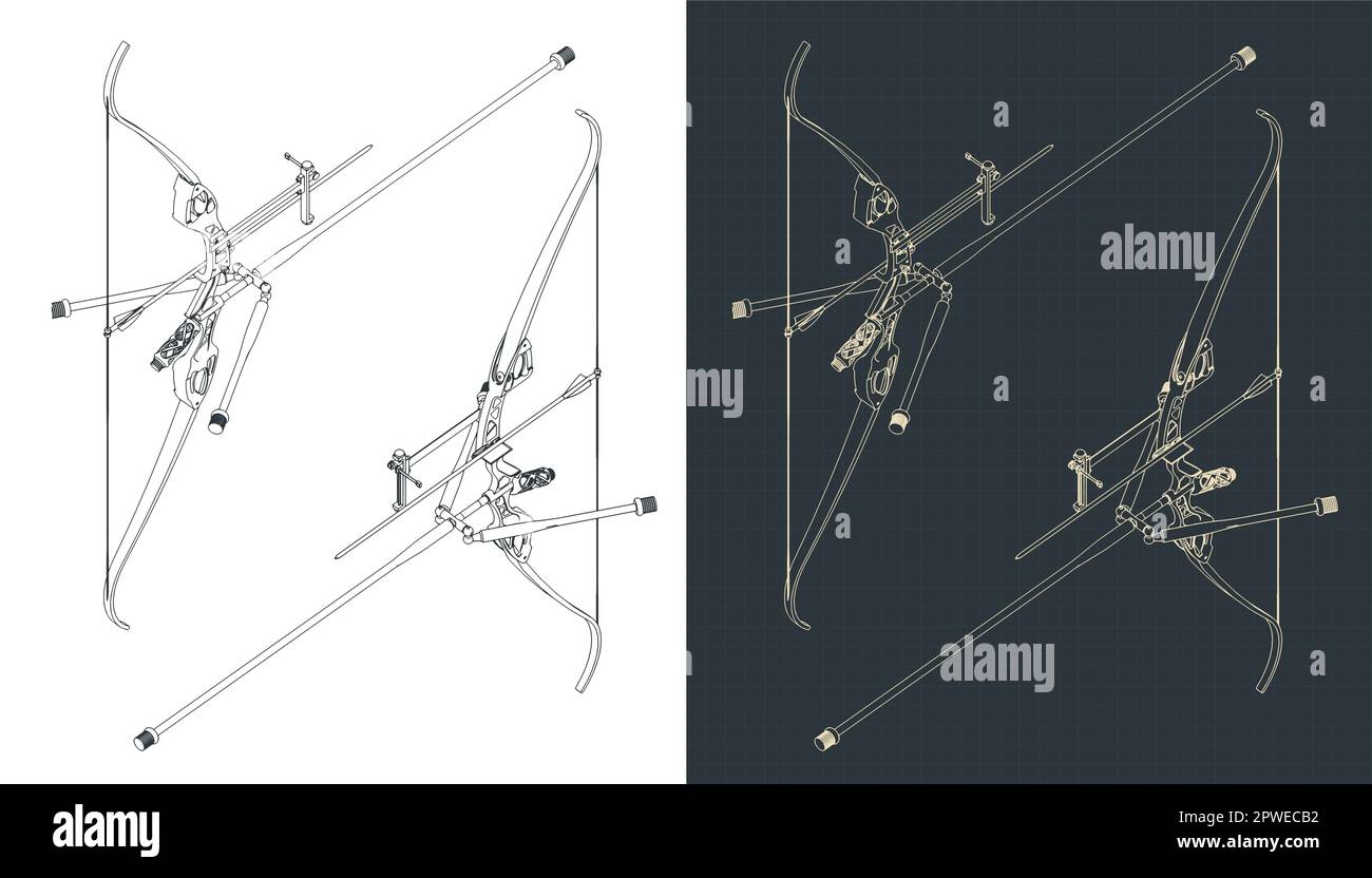 Stylized vector illustration of isometric blueprints of target recurve bow kit Stock Vector