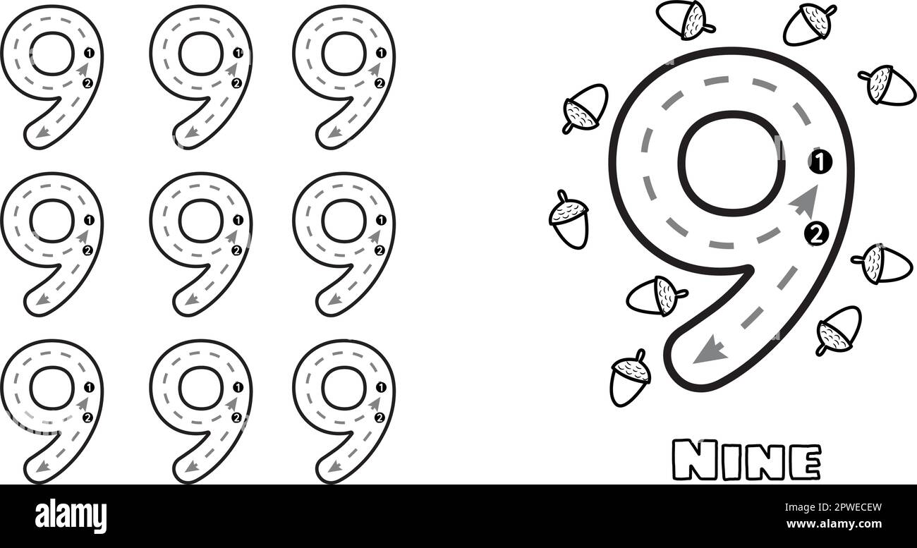 Number Nine trace practice worksheet for prek kids and toddlers ...