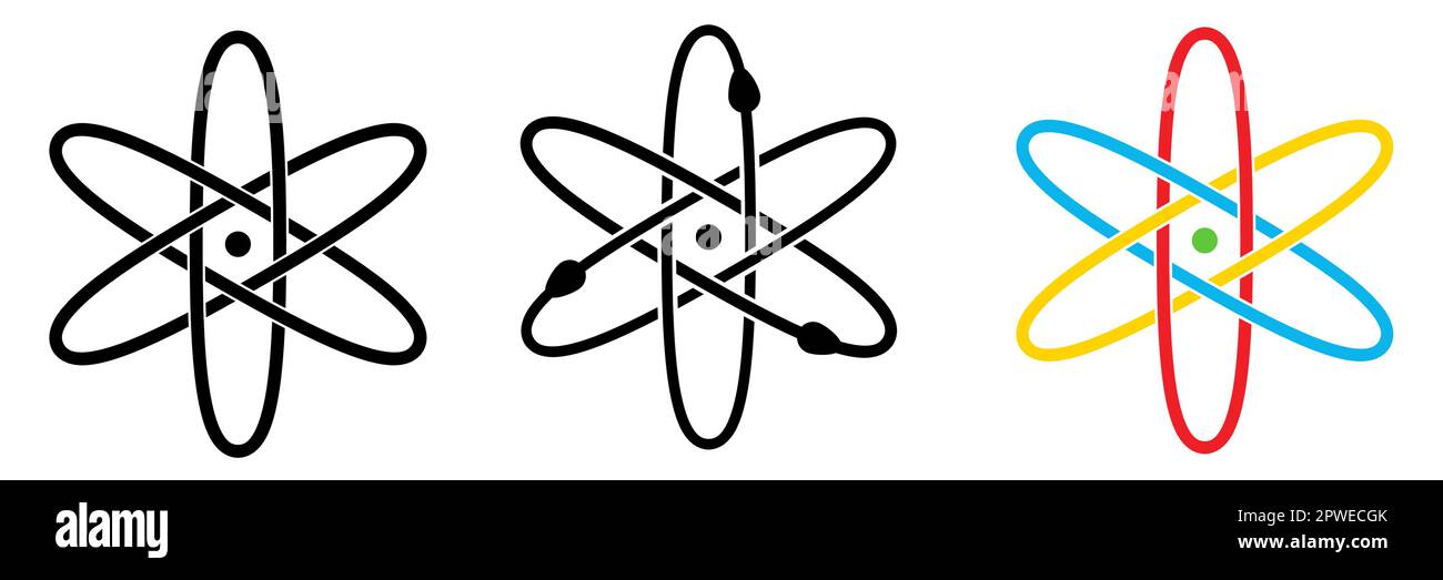 Three interlocked ellipses with small dot in centre - simple atom orbiting electrons icon Stock Vector