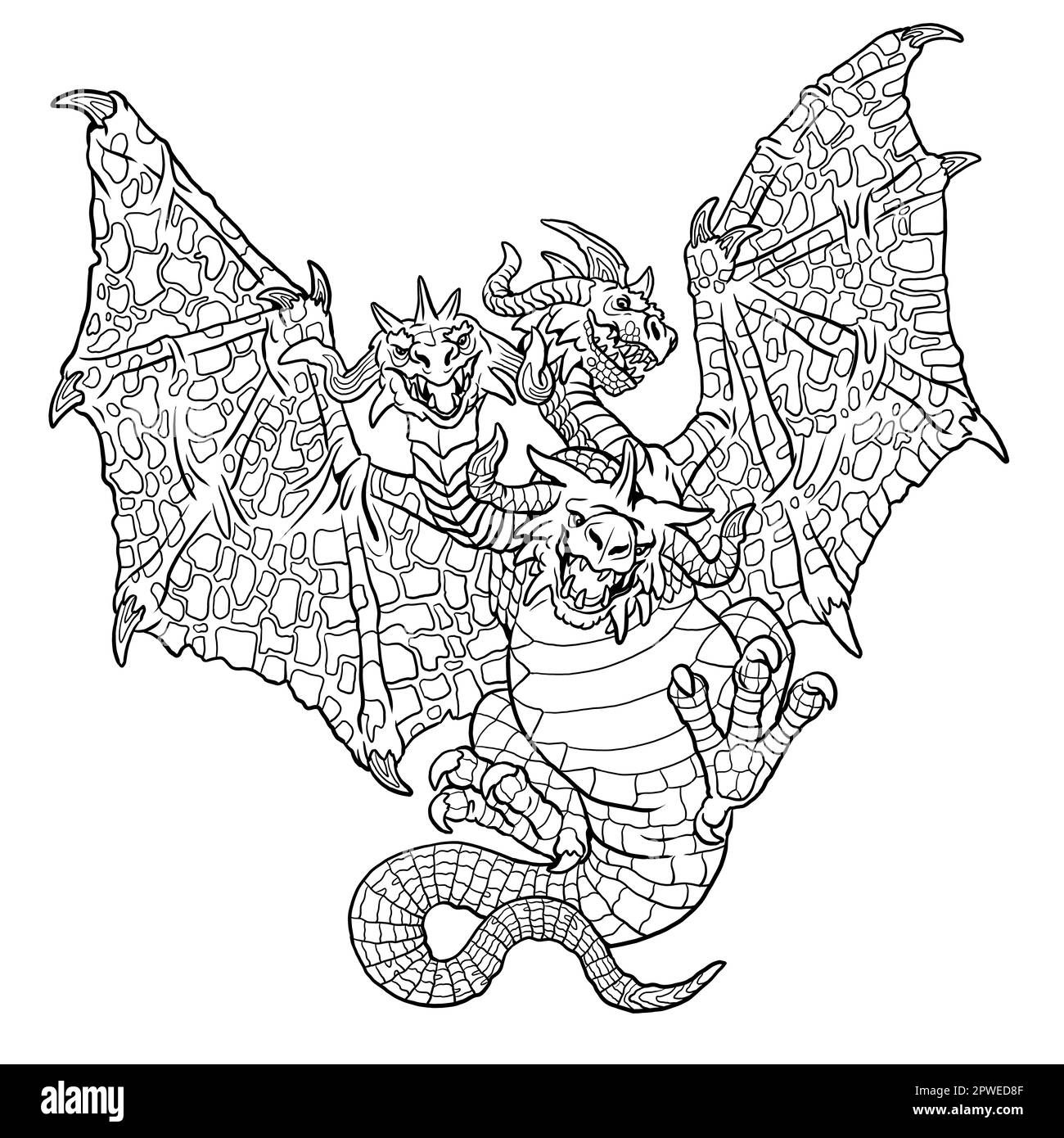 Dragon coloring page. Fantasy illustration with mythical creature. Dragon drawing coloring sheet. Stock Photo
