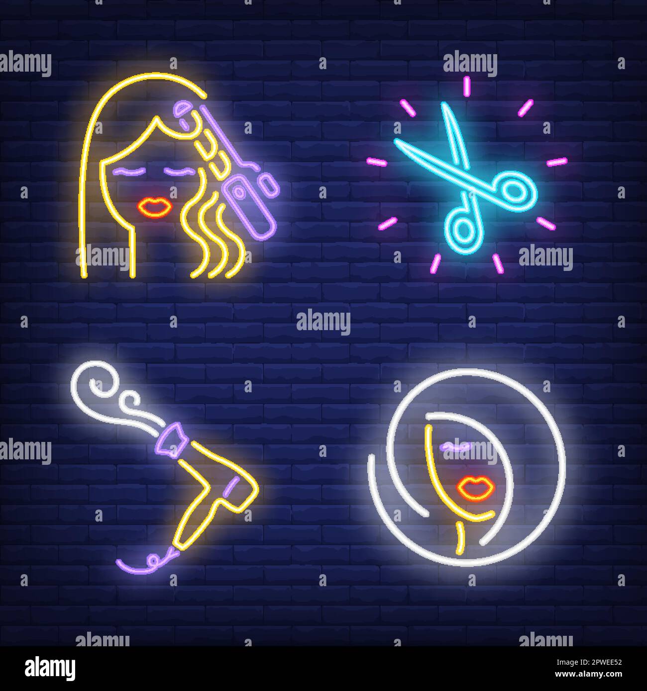 Women and hairdressing accessories neon signs set Stock Vector