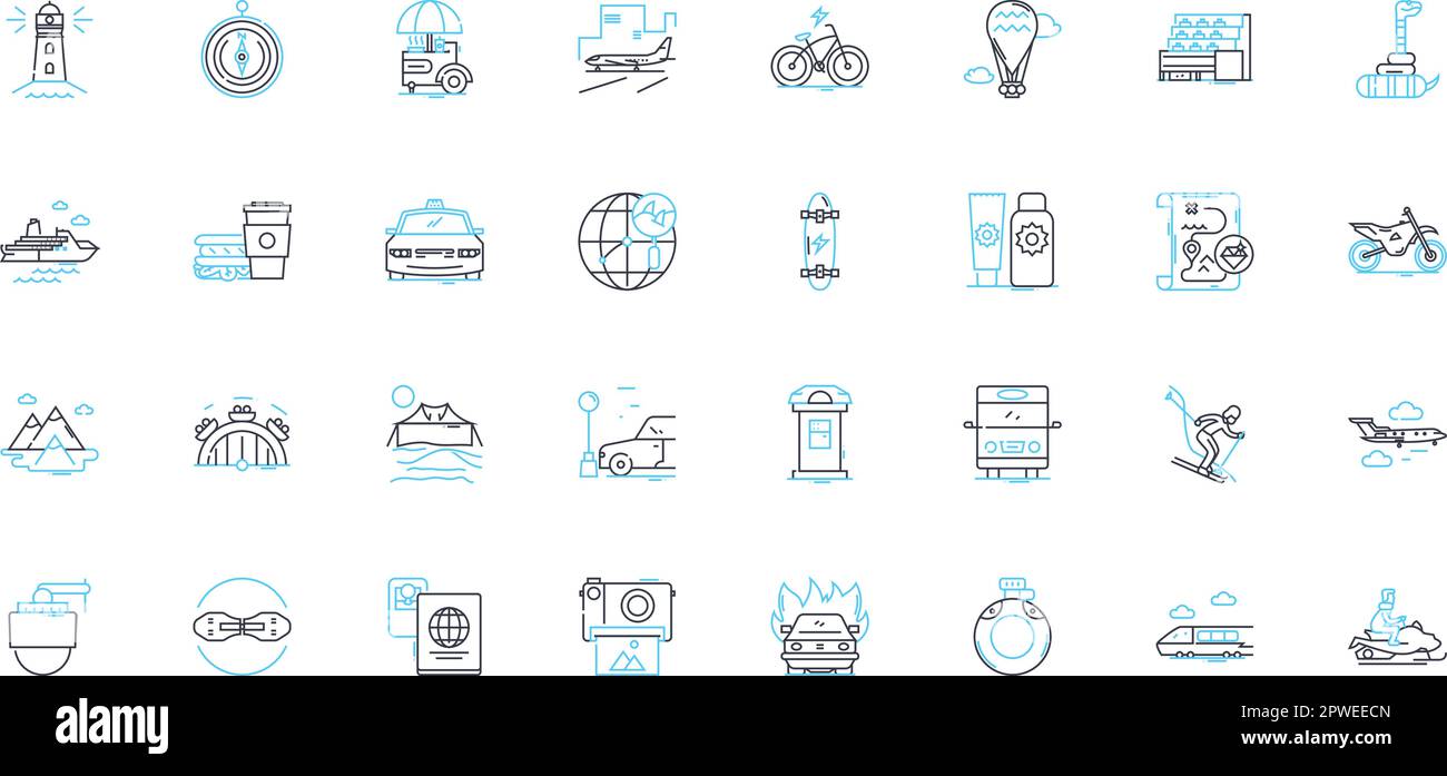 Rapid transit linear icons set. Subway, Train, Metro, Transit, Rail, Commuter, Underground line vector and concept signs. Express,Monorail,Elevated Stock Vector