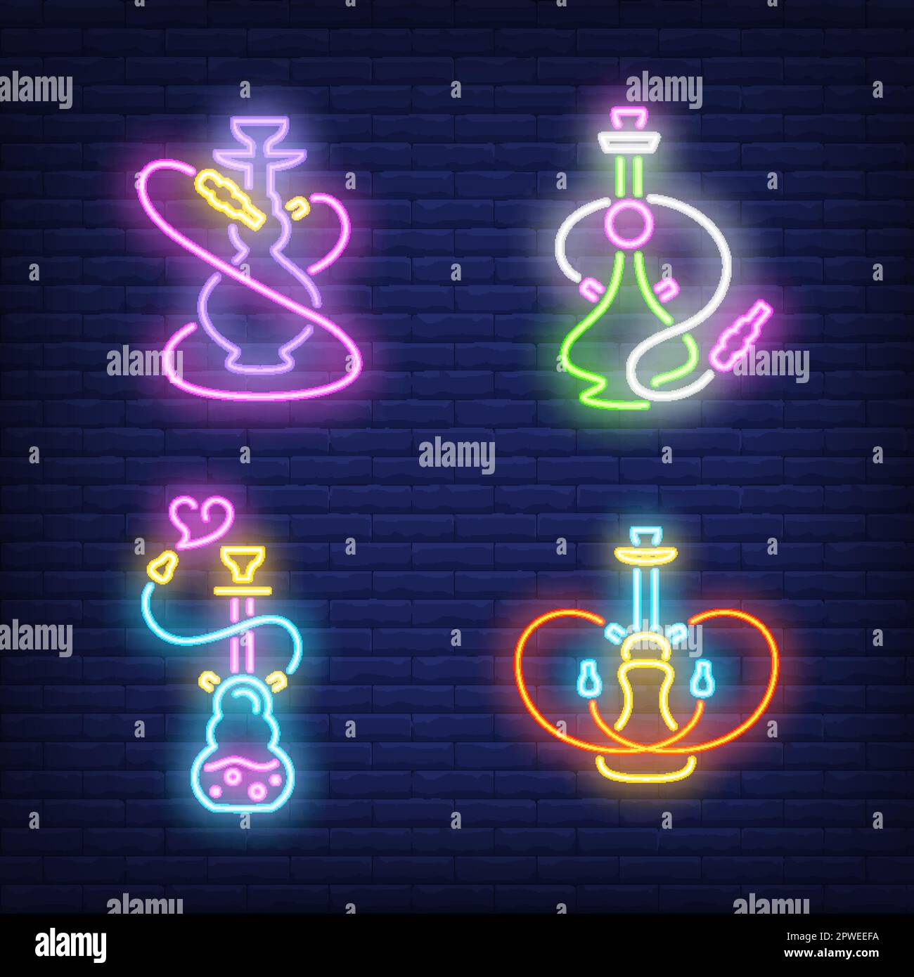 Hookahs with smoking hoses neon signs collection Stock Vector Image