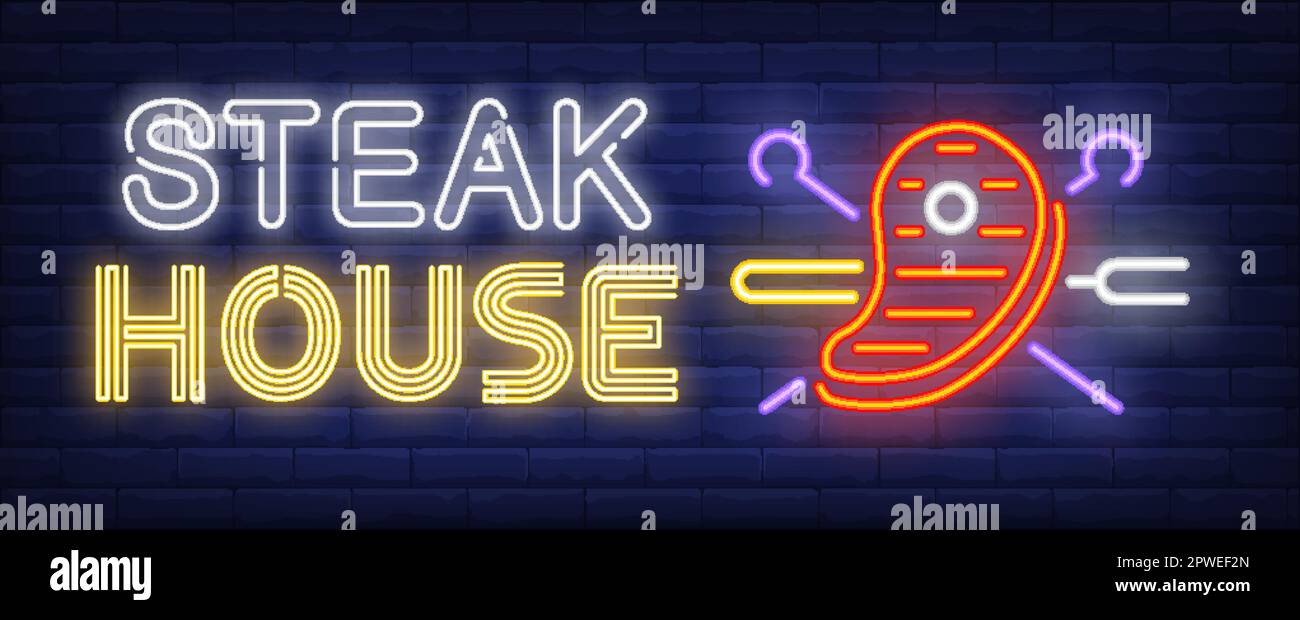 Steak house neon text, beef steak with crossed skewers and fork Stock