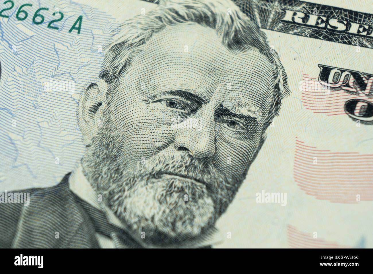 Macro shot Portrait of Ulysses S. Grant on the one fifty dollar bill ...