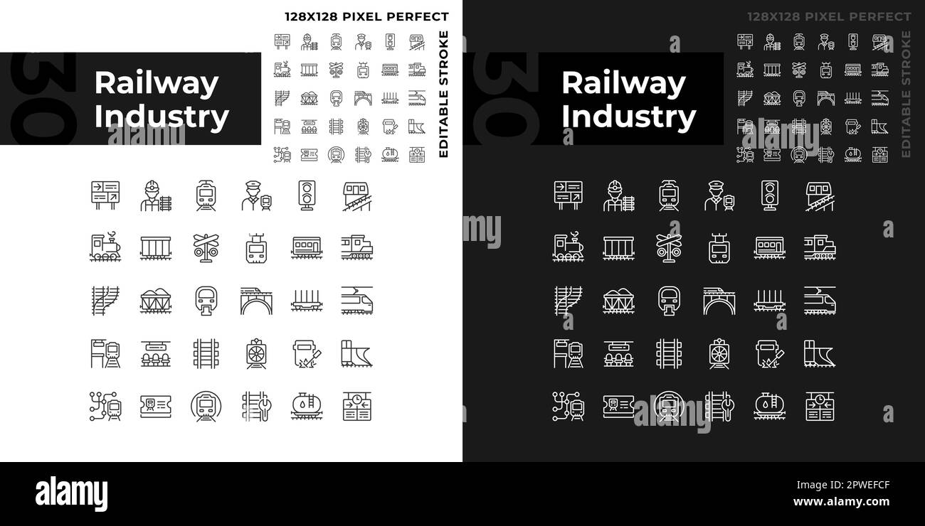 Railway industry pixel perfect linear icons set for dark, light mode ...