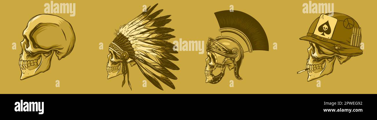 Monochrome set of skulls with headdresses of soldiers. Vector clipart. Stock Vector