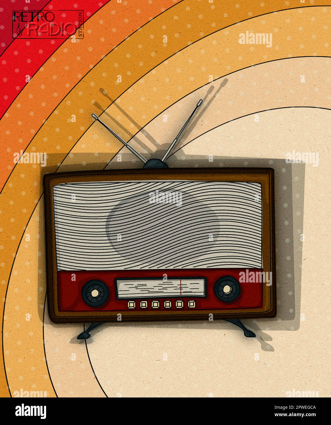 Retro radio background template design with vintage radio and room