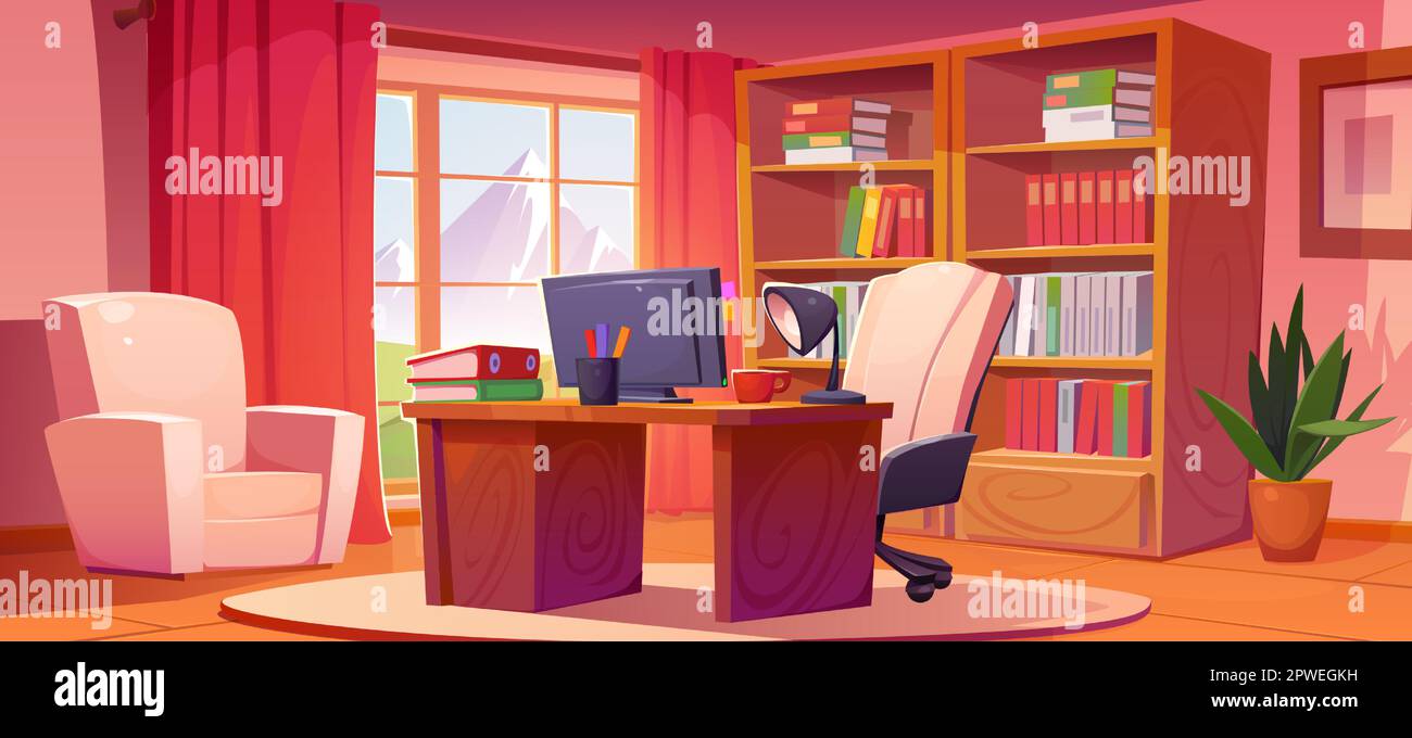 Home office interior design with furniture and mountain view in window.  Vector cartoon illustration of room with computer on desk, comfortable  armchair, folders on shelf. Workspace for freelance job Stock Vector Image, image size:1300x680