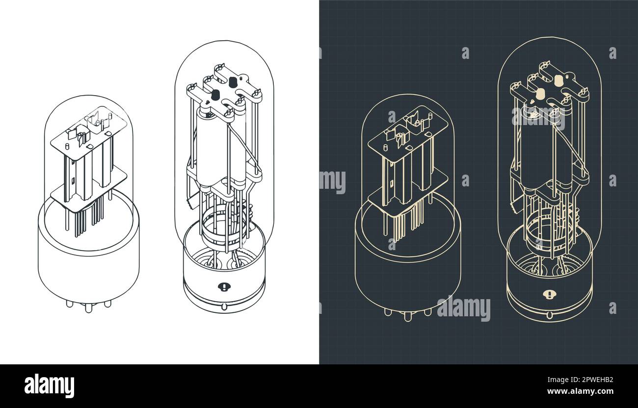 Stylized vector illustration of isometric blueprints of vacuum tubes Stock Vector