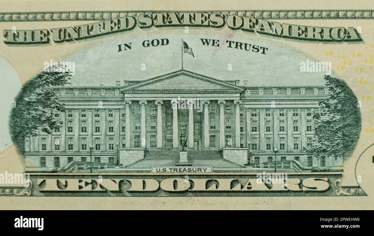Macro shot image of a 10 dollar bill banknotes. Concept of financial