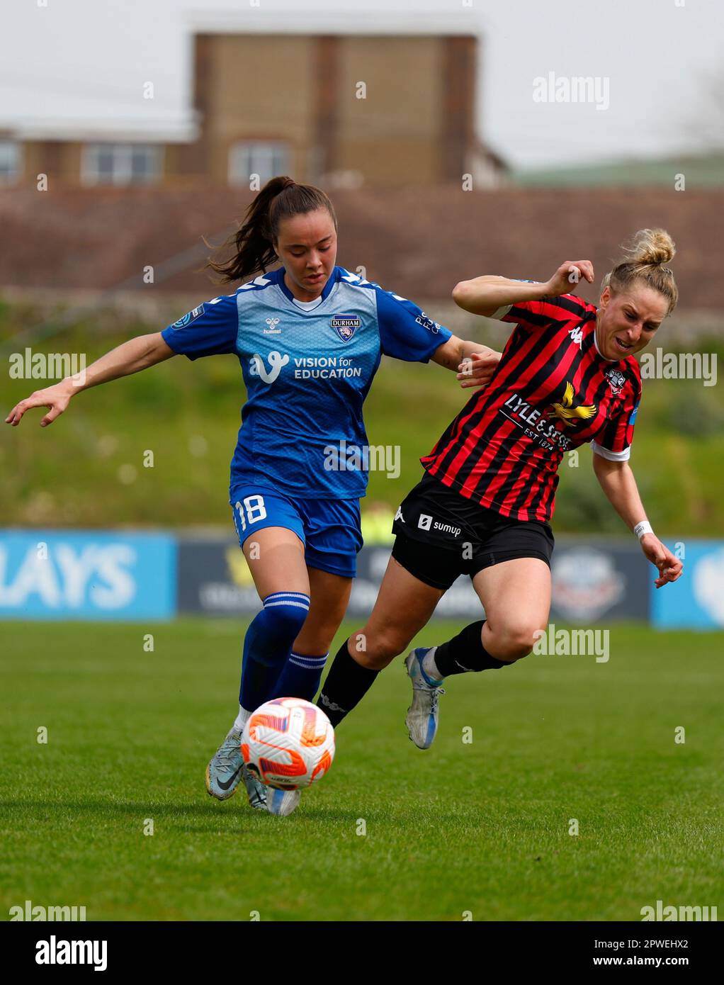 Lewes, UK. 30th Apr, 2023. Lewes, England, April 30th 2023: Grace Ayre (18 Durham) and Nat Johnson (7 Lewes) battle for the ball during the FA Womens Championship football match between Lewes and Durham at the Dripping Pan in Lewes, England. (James Whitehead/SPP) Credit: SPP Sport Press Photo. /Alamy Live News Stock Photo