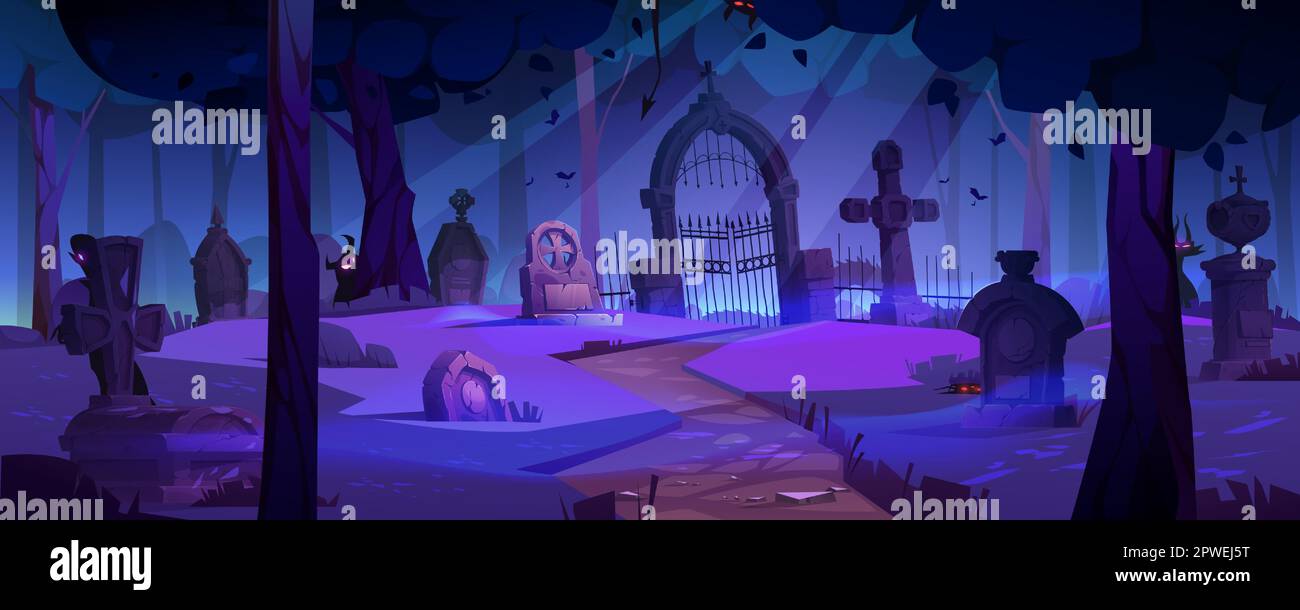 Night spooky halloween graveyard cartoon vector background. Scary cemetery with tombstone, grave, tree and moonlight horror landscape. Haunted with glowing eye in forest purple panoramic scene Stock Vector