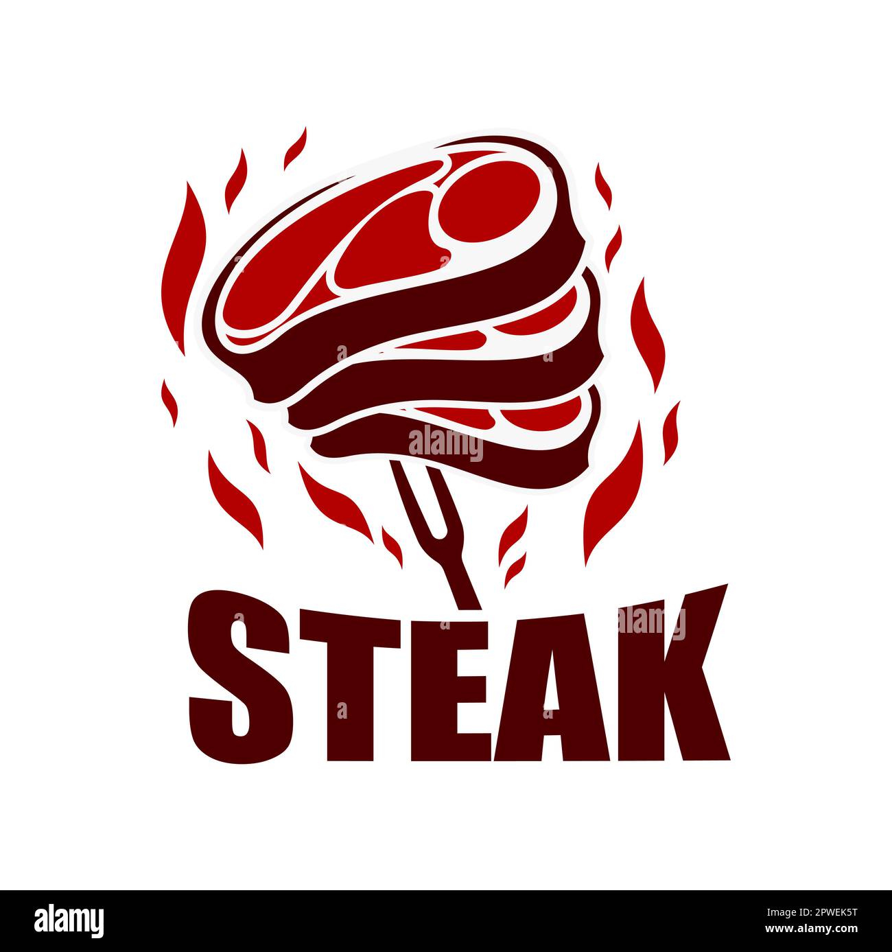 Steak grill BBQ icon, meat on fork and fire, butcher beef food and chef