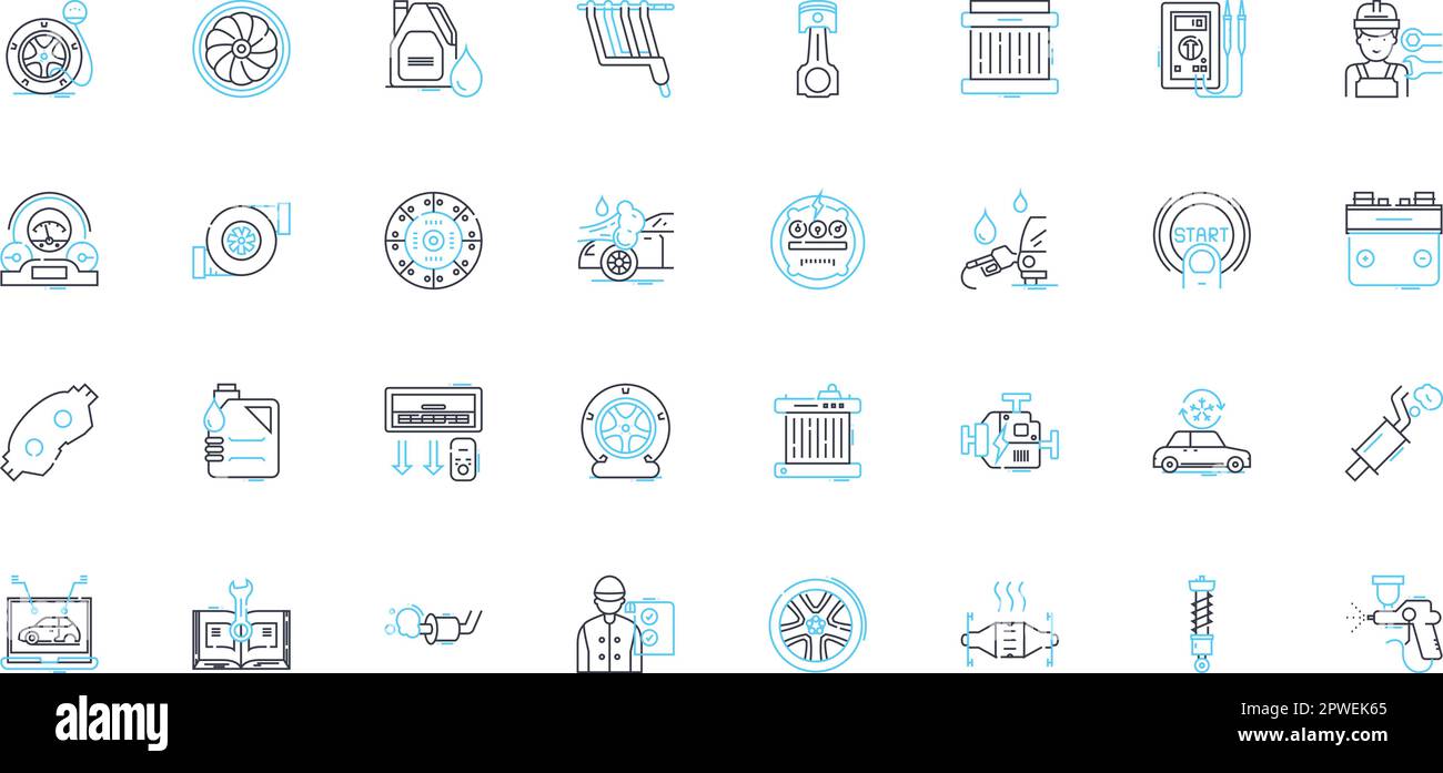 Auto Repair linear icons set. Maintenance, Diagnostics, Brakes, Engine, Transmission, Suspension, Exhaust line vector and concept signs. Battery Stock Vector