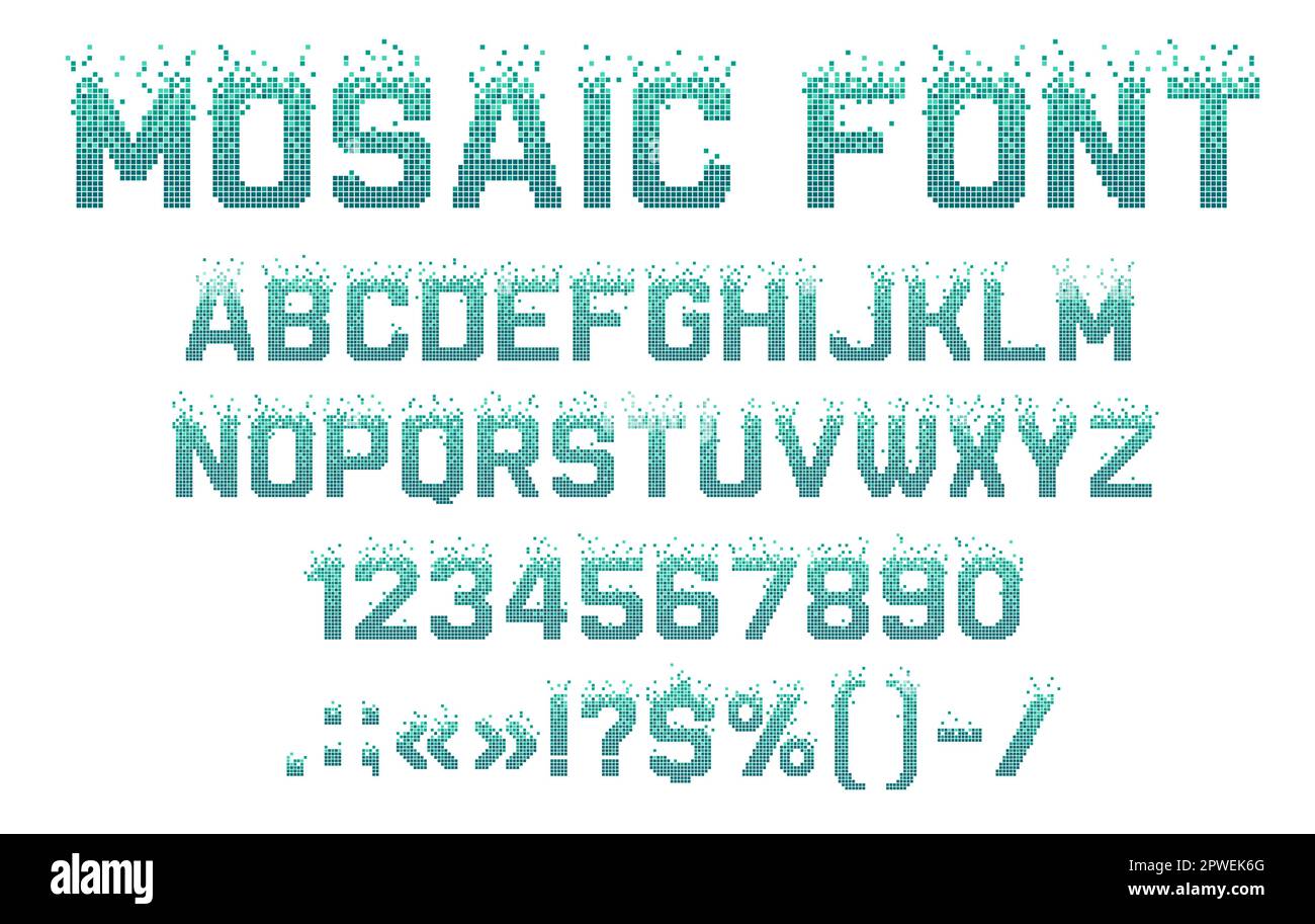 Mosaic pixel font, fission typeface, halftone type, pool alphabet. Vector letters and numbers with pattern of blue square tiles or swimming pool floor Stock Vector