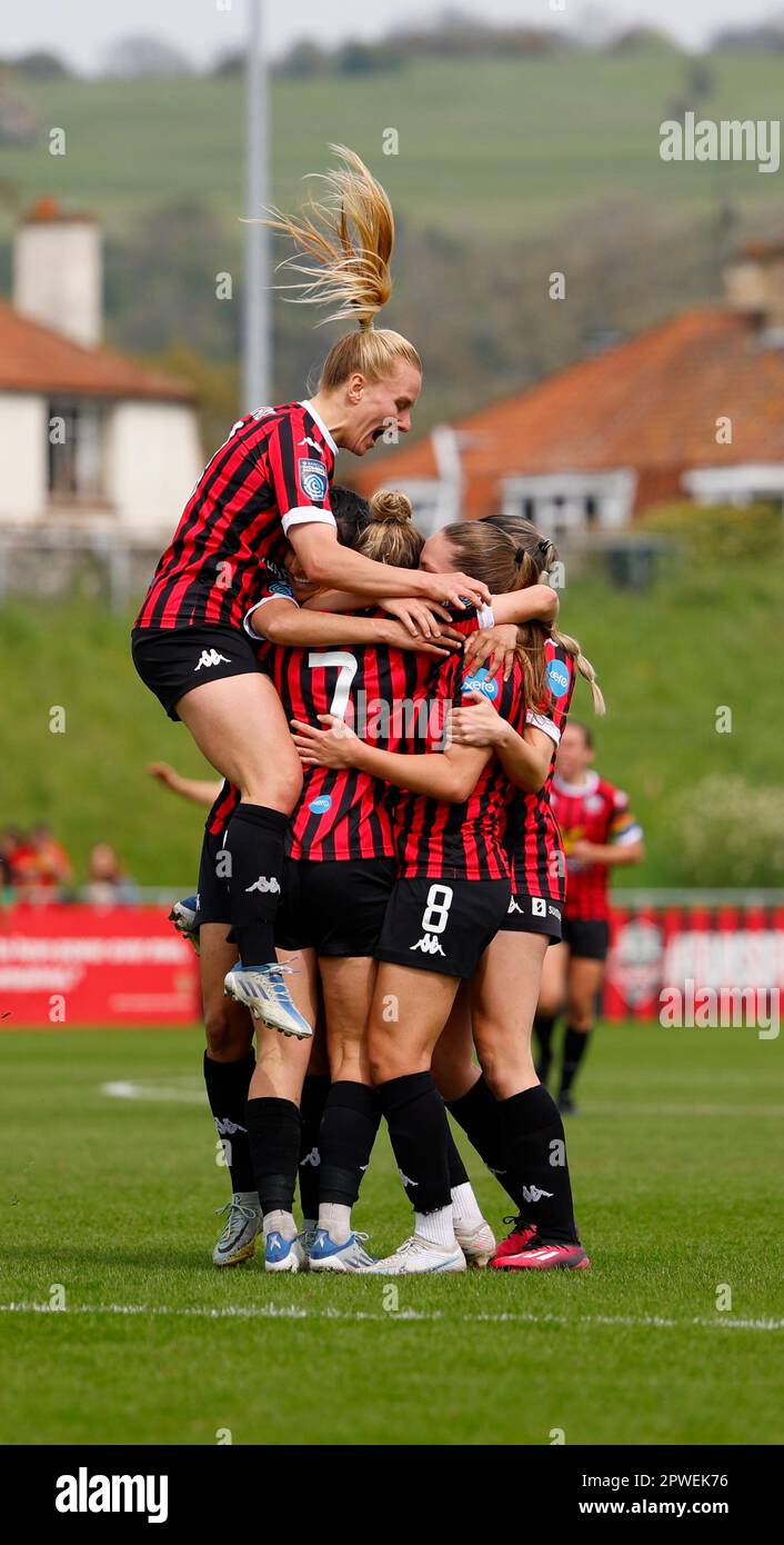 Lewes, UK. 30th Apr, 2023. Lewes, England, April 30th 2023: Nat Johnson (7 Lewes) celebrates after scoring her team's first goal with teammates during the FA Womens Championship football match between Lewes and Durham at the Dripping Pan in Lewes, England. (James Whitehead/SPP) Credit: SPP Sport Press Photo. /Alamy Live News Stock Photo