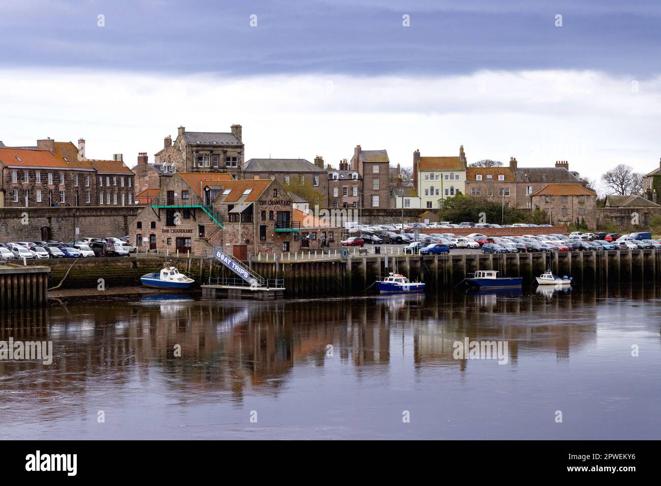 View of a grey sky over the Harbour area, the river Tweed at Berwick upon Tweed, Northumberland UK Stock Photo