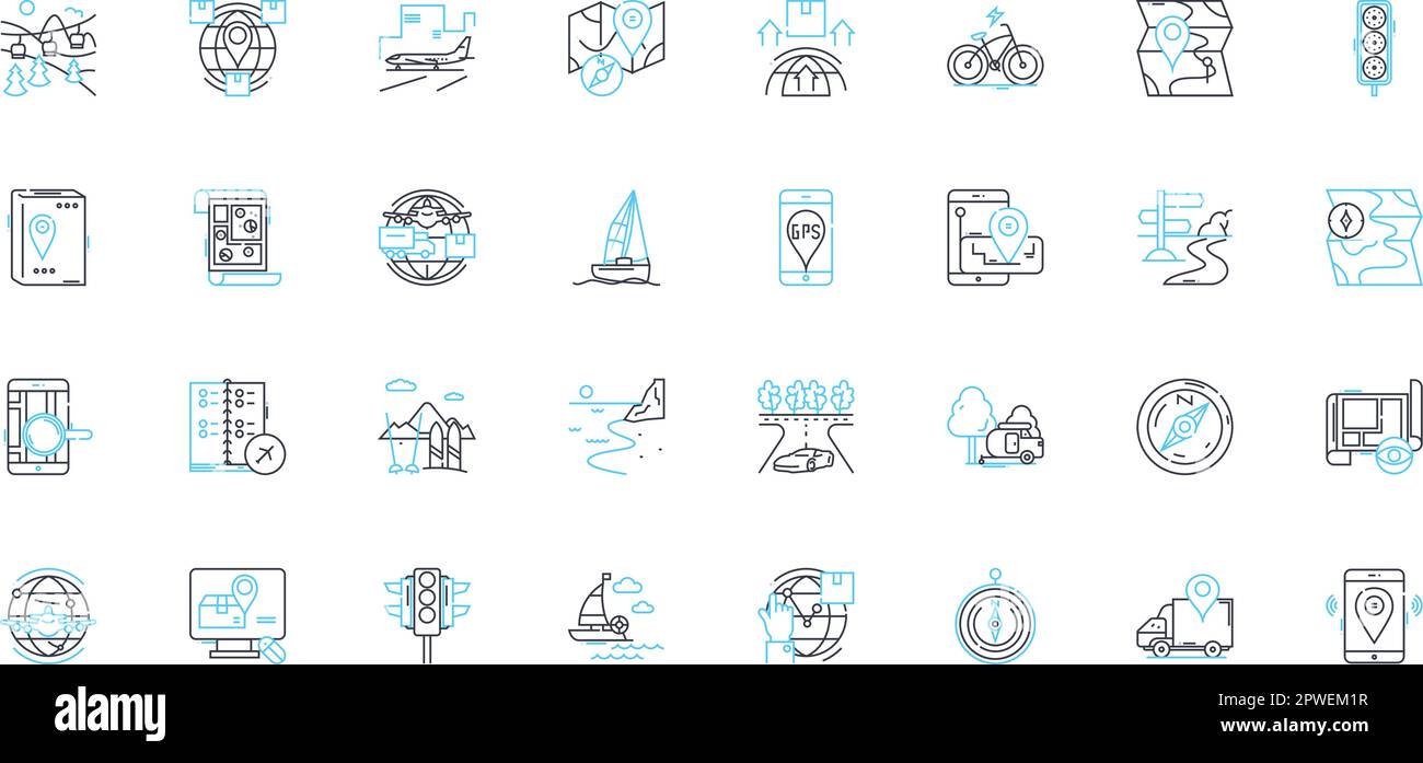 Satellite navigation linear icons set. GPS, Satellites, Navigation, Coordinates, Tracking, Mapping, Global line vector and concept signs. Precision Stock Vector