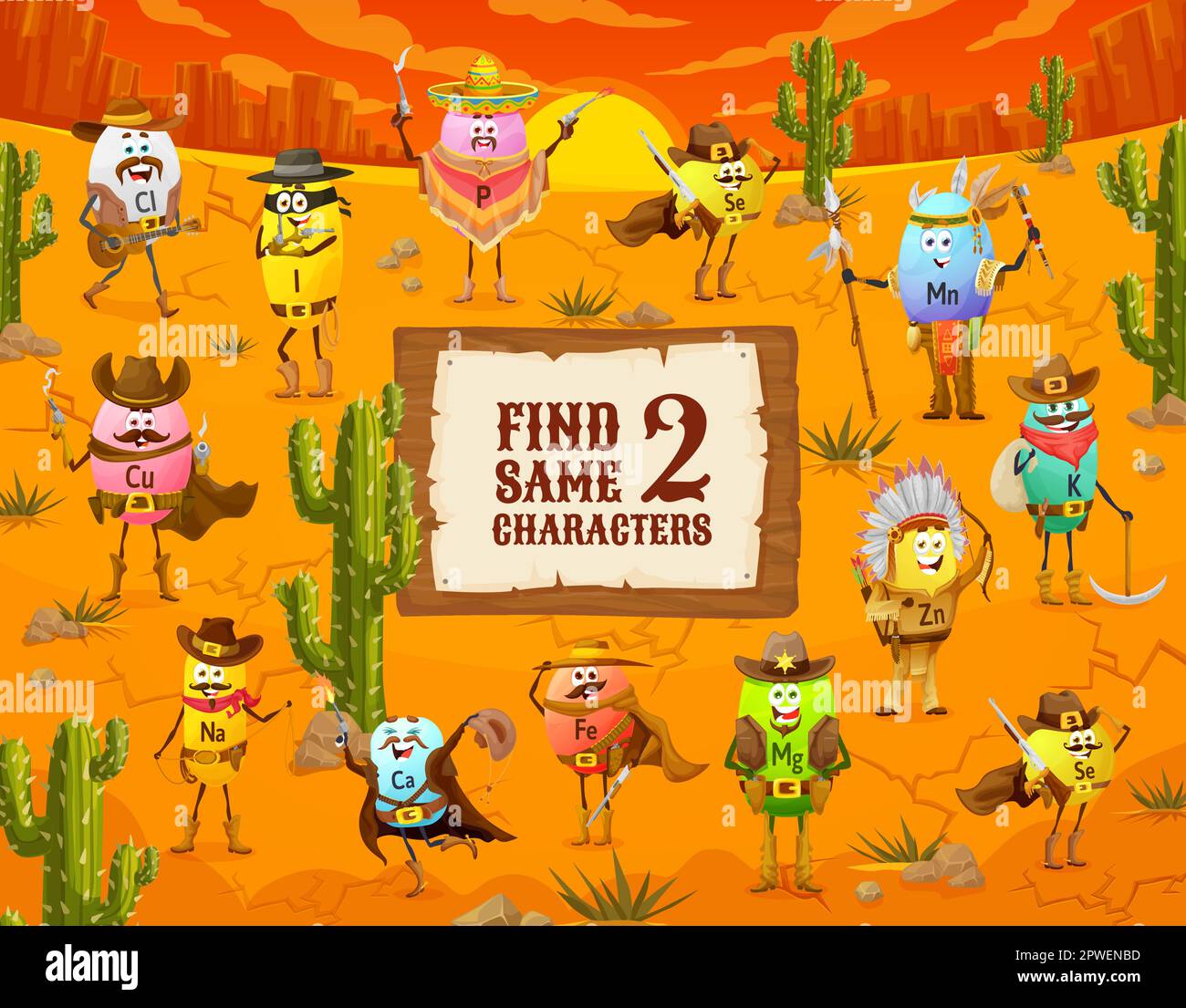 Kids find two same Wild West cartoon cowboy, sheriff, bandit and robber vitamin characters. Vector worksheet with matching game or puzzle quiz, funny Stock Vector
