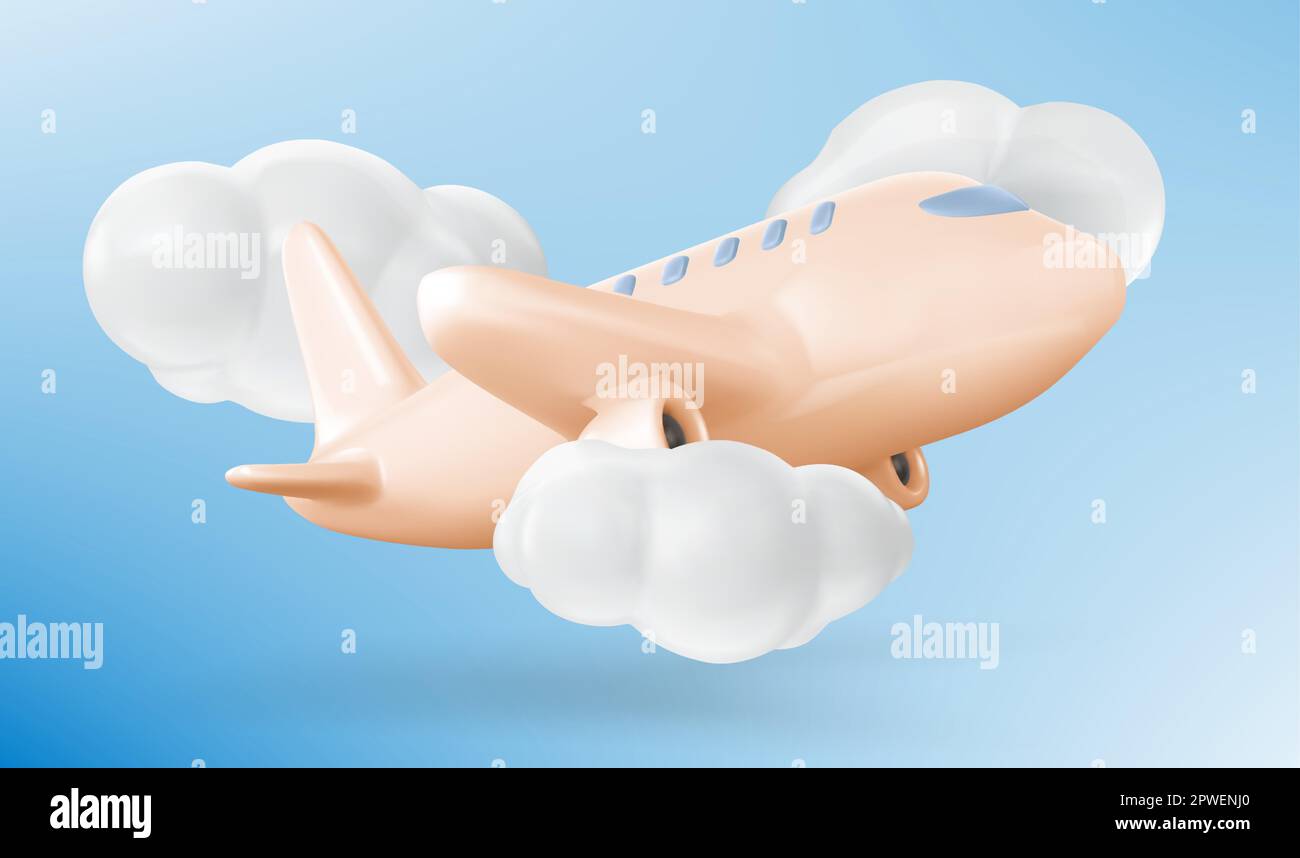 3d plane in air. Concept of travel, flight, trip with aeroplane in sky with white clouds. Vector cartoon illustration with commercial jet, aircraft flying in blue sky Stock Vector