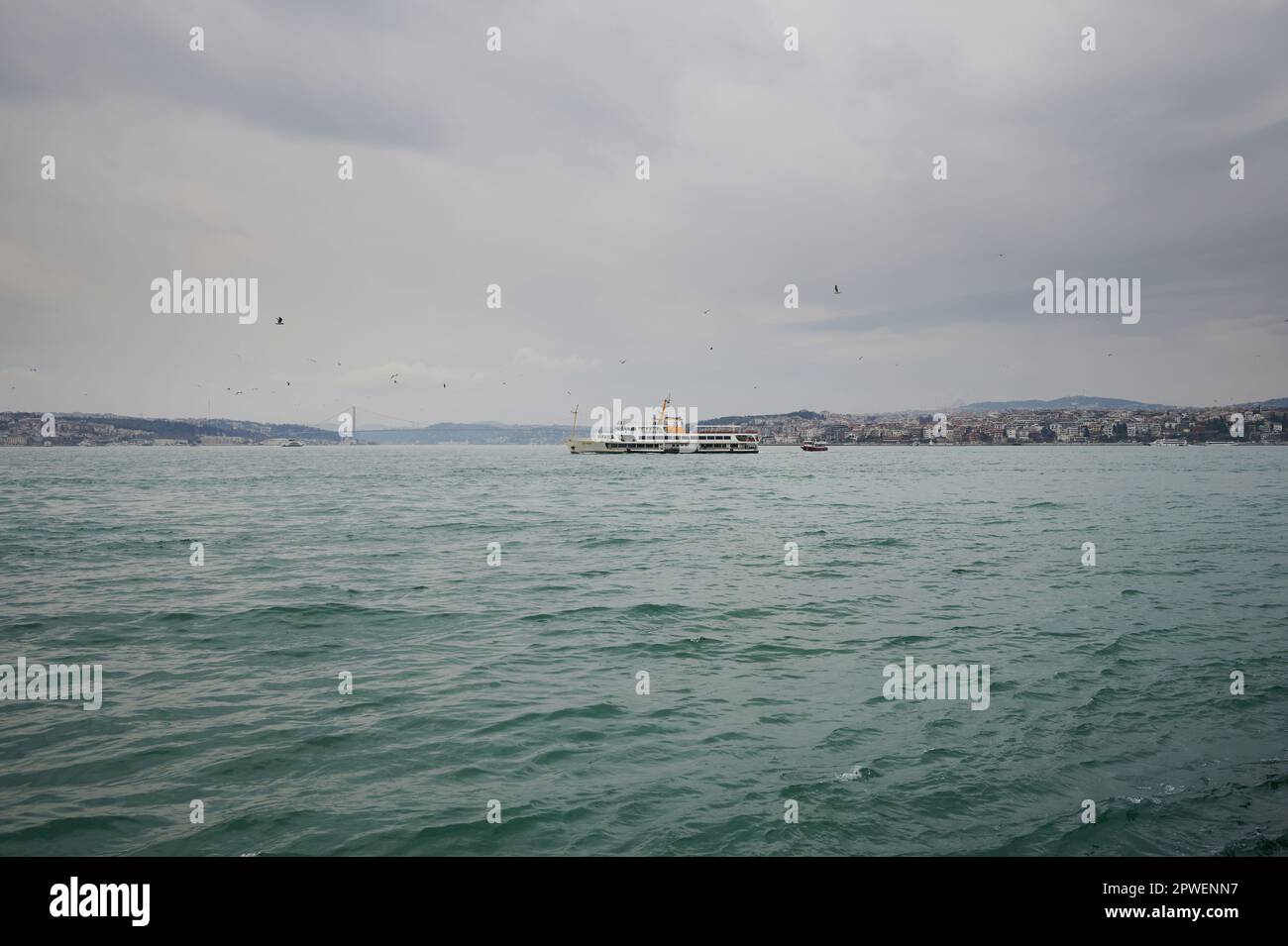 Boat transfer in Bosphorus on Istanbul background Stock Photo