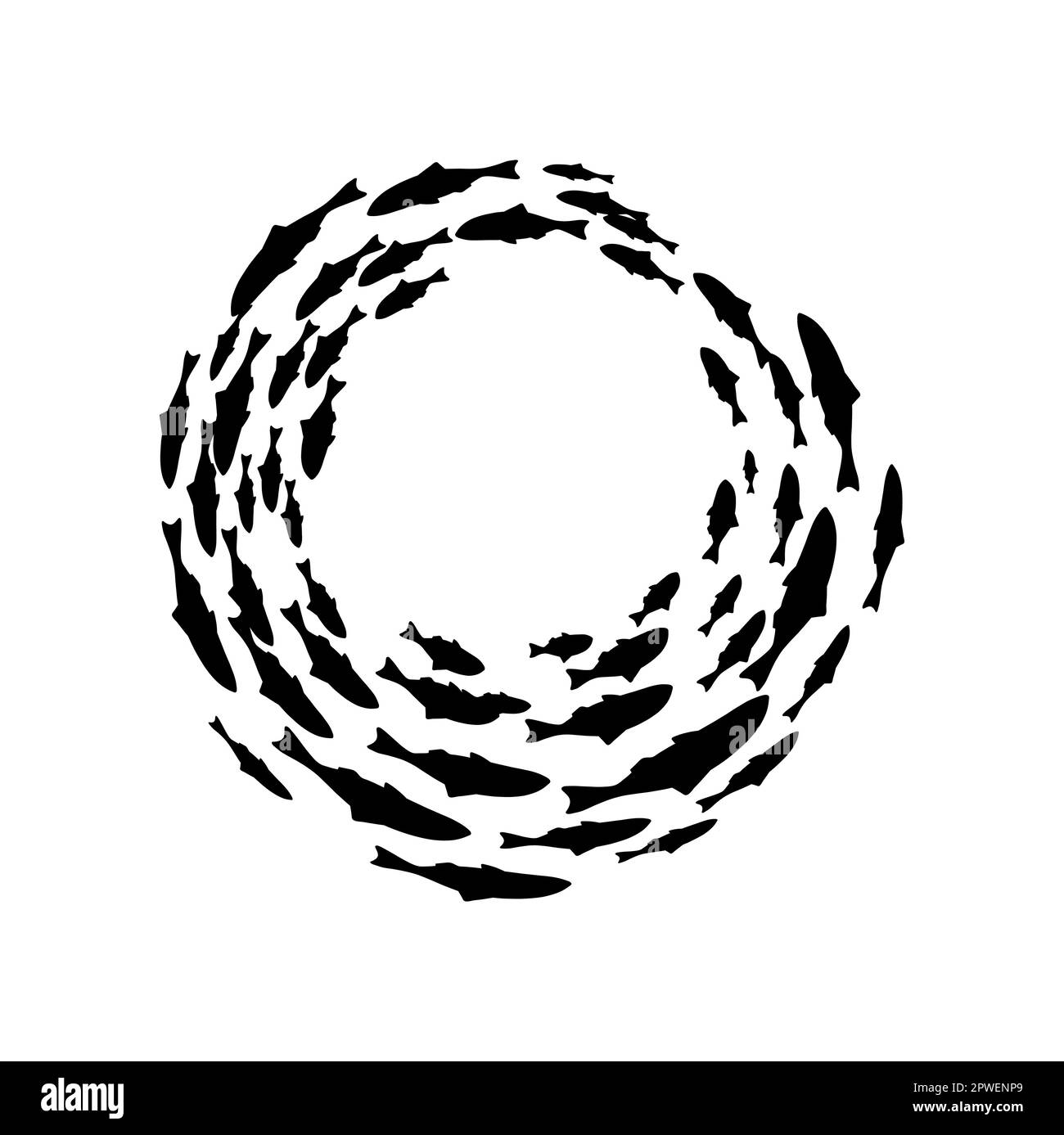 Circle shoal and fish school vector silhouette. Tornado swirl of