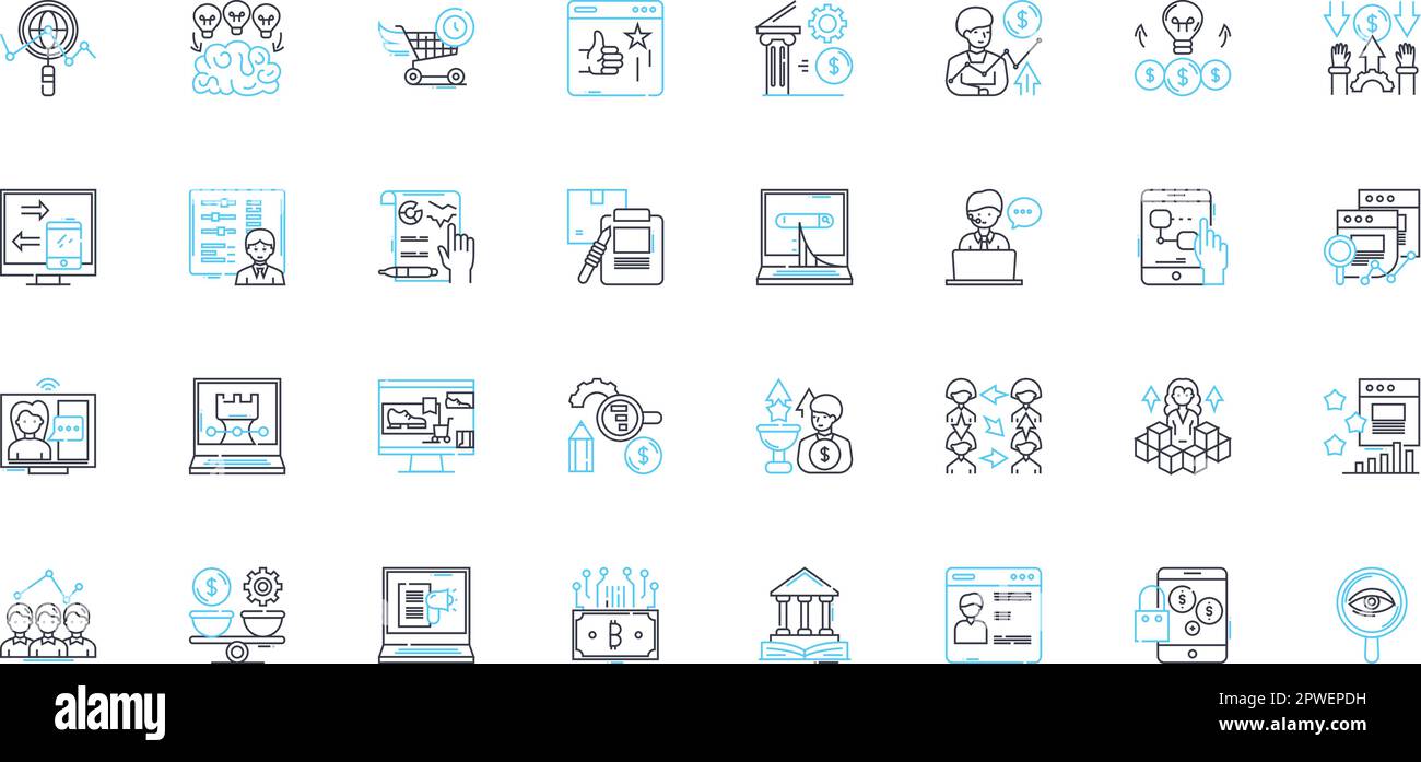 Accounting linear icons set. Audit, Budgeting, Bookkeeping, Balance sheet, Cash flow, Depreciation, Debts line vector and concept signs. Expenses Stock Vector