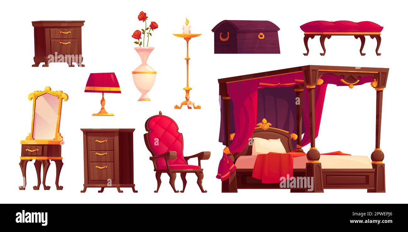 Victorian bedroom interior with vintage royal red furniture. Classic princess bed, retro mirror and armchair for baroque castle room. Isolated medieval english home indoor design on white background Stock Vector