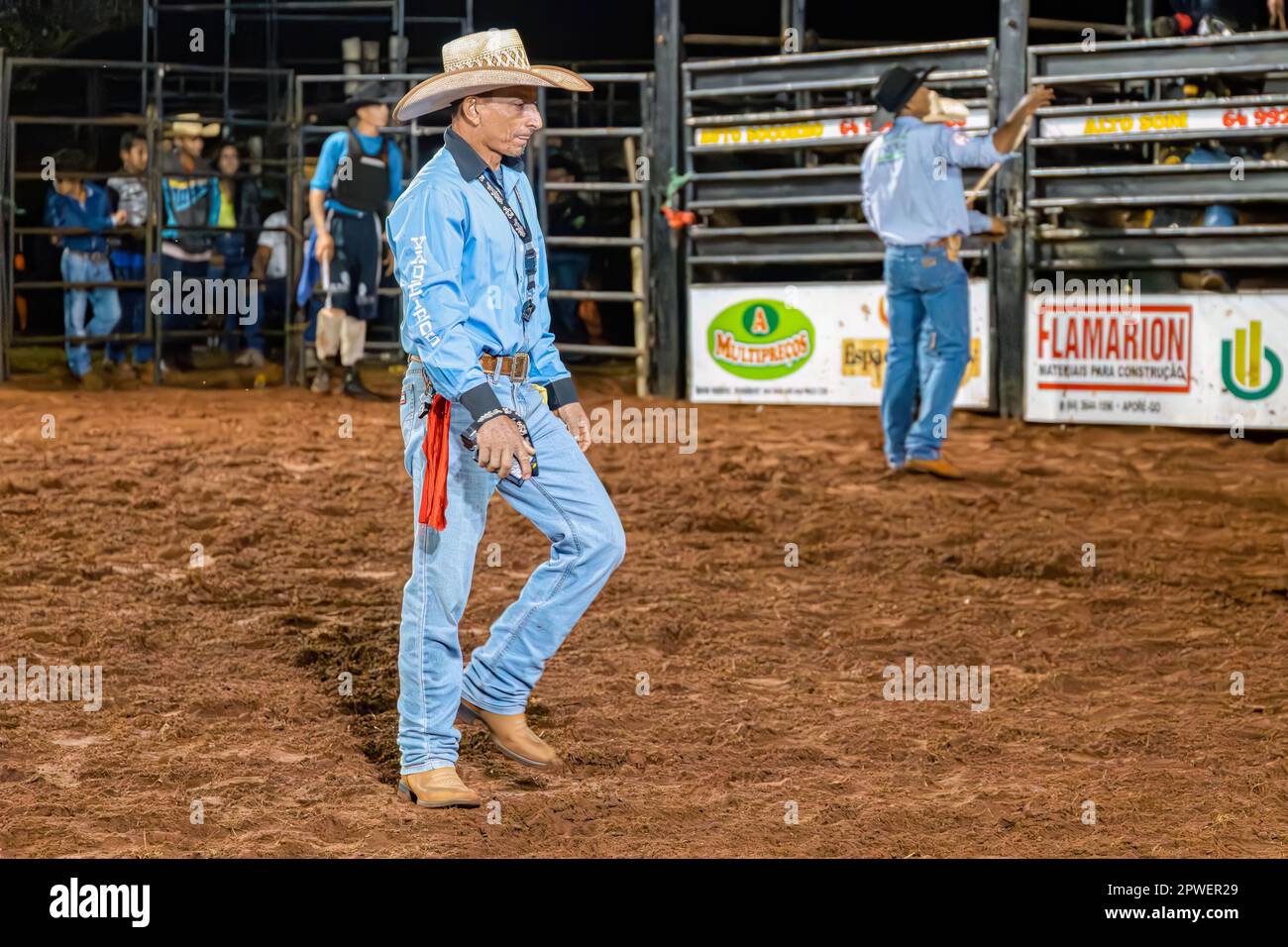 Itaja, Goias, Brazil 04 22 2023 cowboy man bull riding judge in