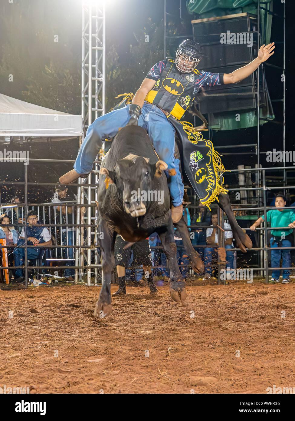 Itaja, Goias, Brazil - 04 22 2023: cowboy man riding a bull practicing ...