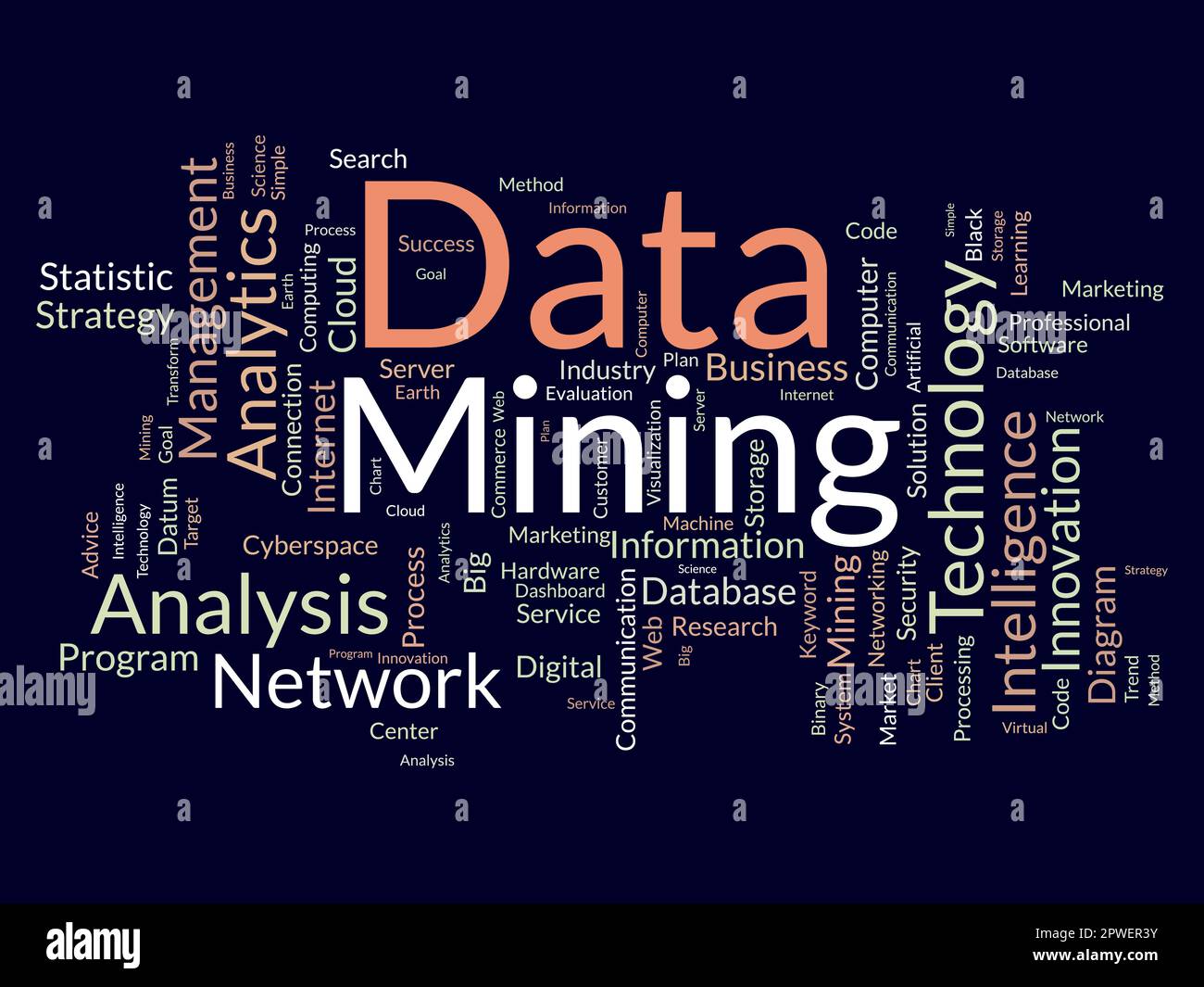 Word cloud background concept for Data mining. Internet technology database mining for web software management. vector illustration. Stock Vector
