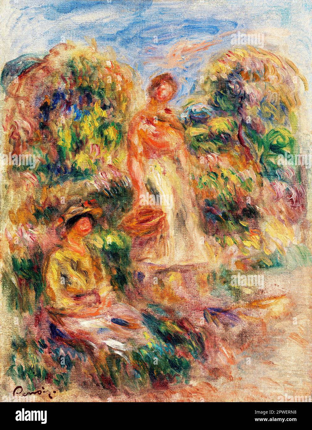Standing Woman and Seated Woman in a Landscape by Pierre-Auguste Renoir. Original from Barnes Foundation. Stock Photo
