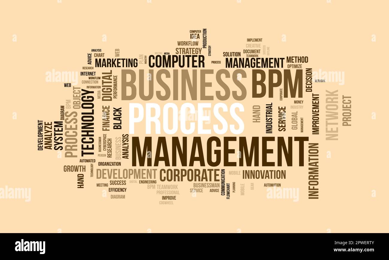 Word cloud background concept for business process management (bpm). strategic business analysis, industry implement idea of financial system solution Stock Vector