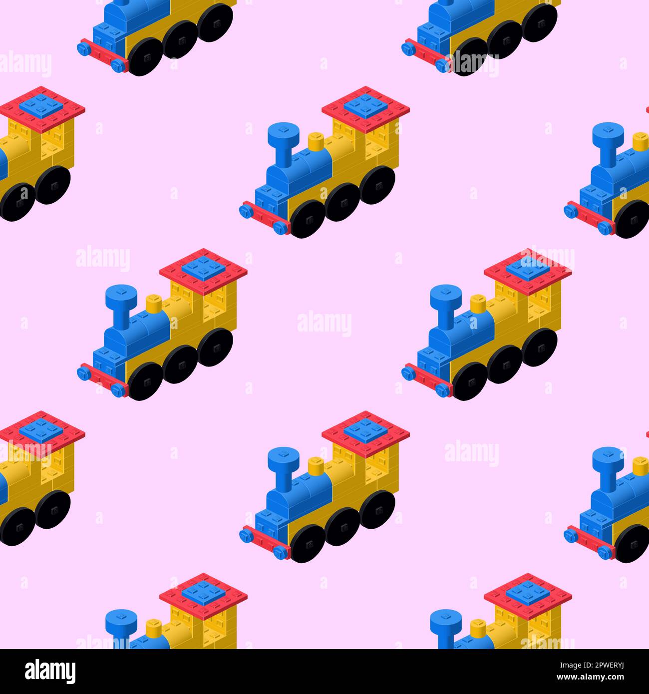 A pattern of locomotives assembled from plastic blocks in isometric style for print and decoration. Vector illustration. Stock Vector