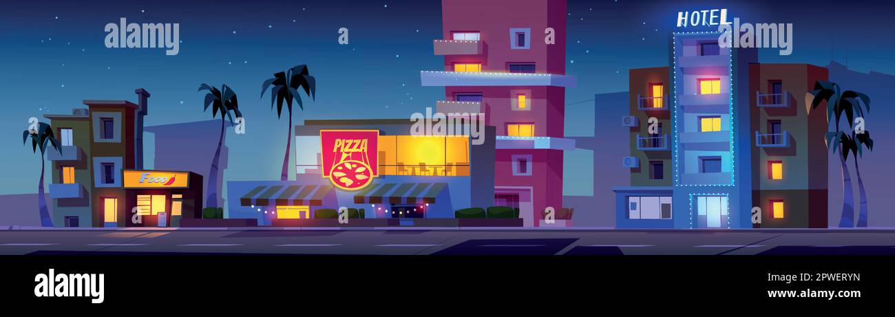 Night buildings on Miami city street with neon light and road. Cartoon illustration with retro america hotel apartment, cafe and market exterior. Town silhouette and sky with stars scenery landscape. Stock Vector