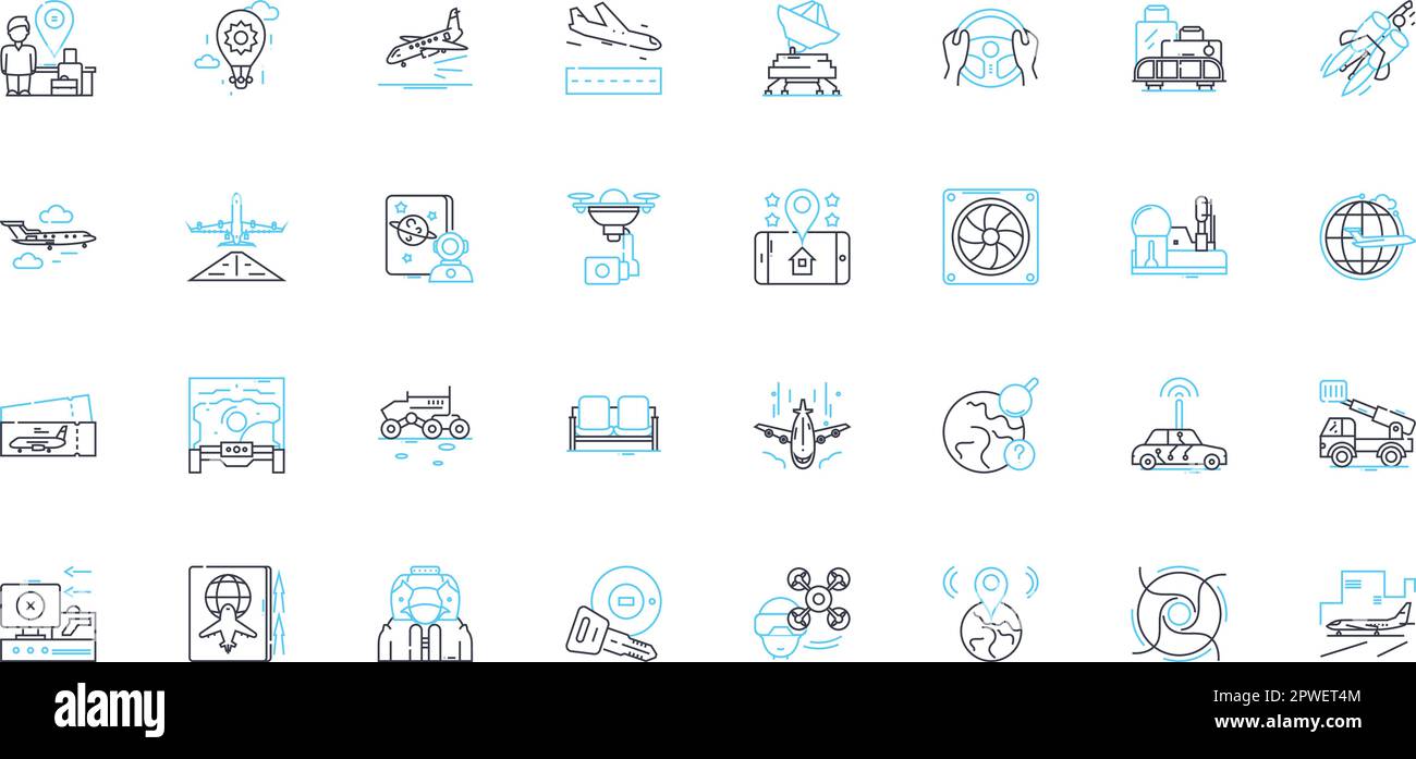 Aviation linear icons set. Aerospace, Airborne, Airline, Airplane, Airway, Altitude, Aviation line vector and concept signs. Boarding,Cabin,Clearance Stock Vector